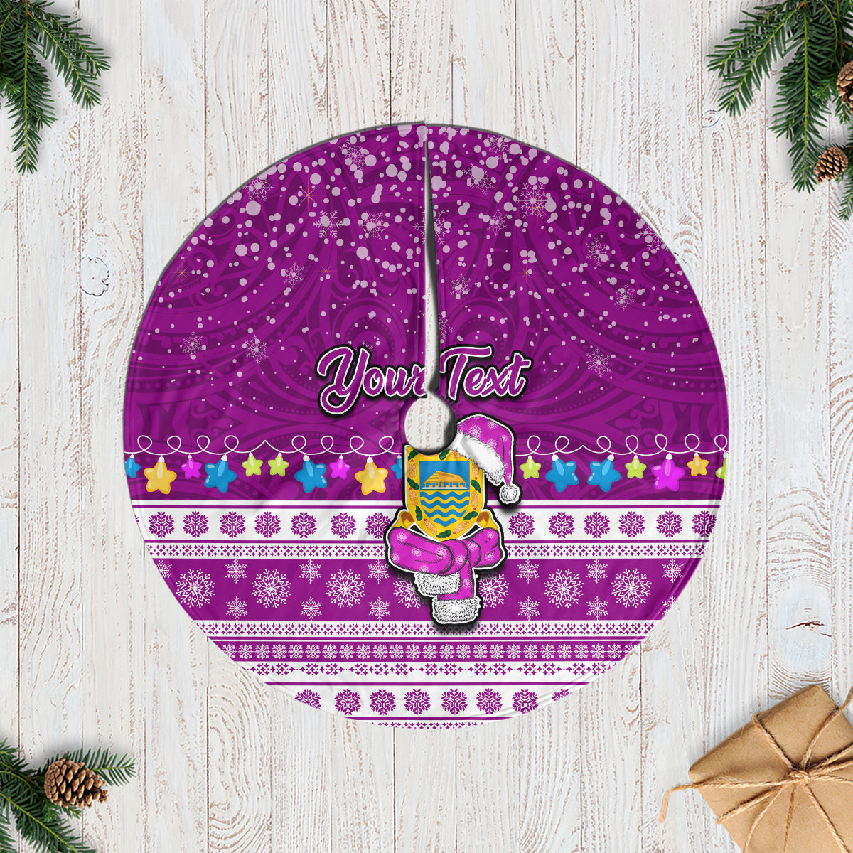 Personalised Tuvalu Christmas Tree Skirt Snowman Hugs Tuvalu Coat of Arms Maori Pattern Pink Style LT03 Pink - Polynesian Pride