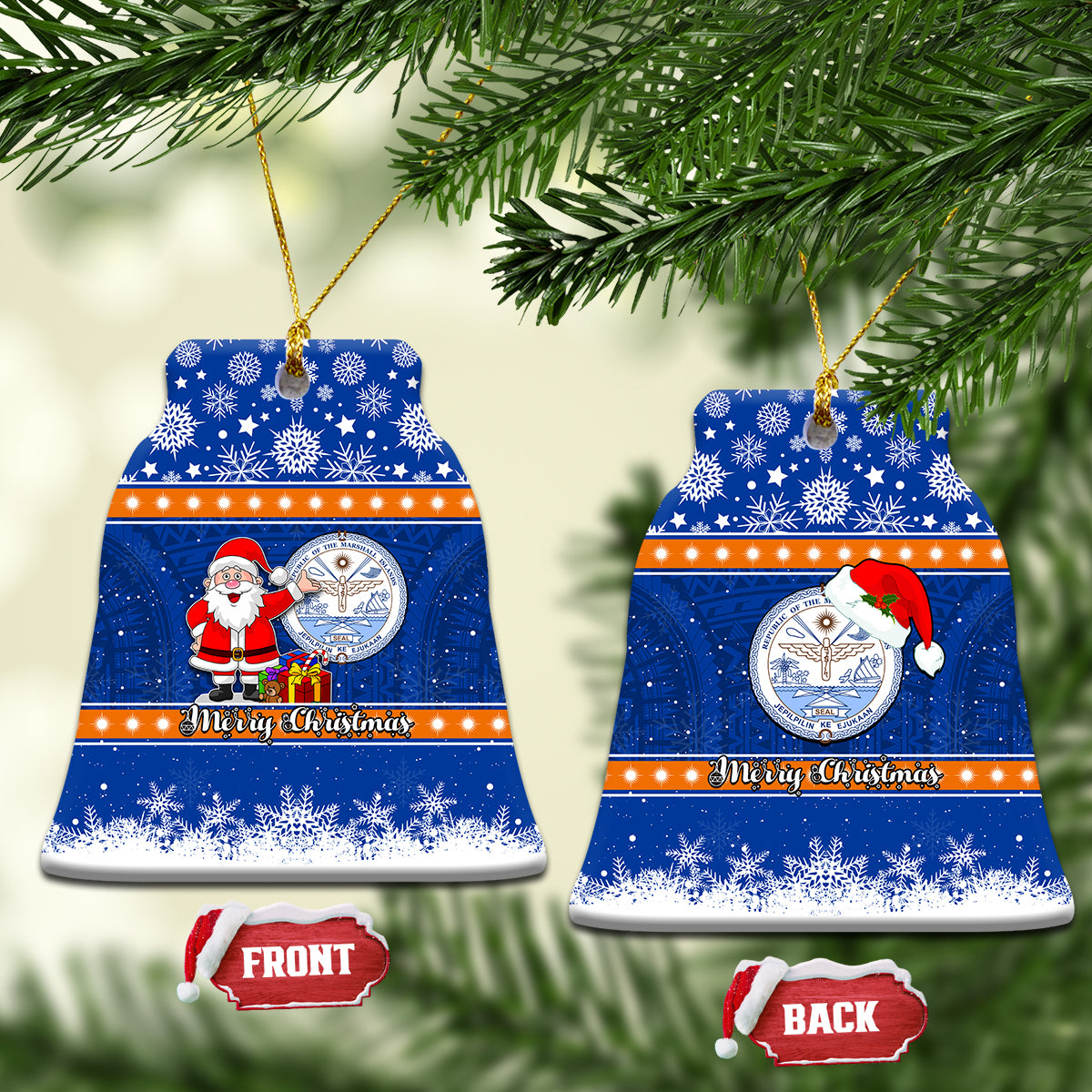 Marshall Islands Christmas Ceramic Ornament Santa Claus and Coat of Arms Mix Polynesian Xmas Style LT03 Bell Flake Blue - Polynesian Pride