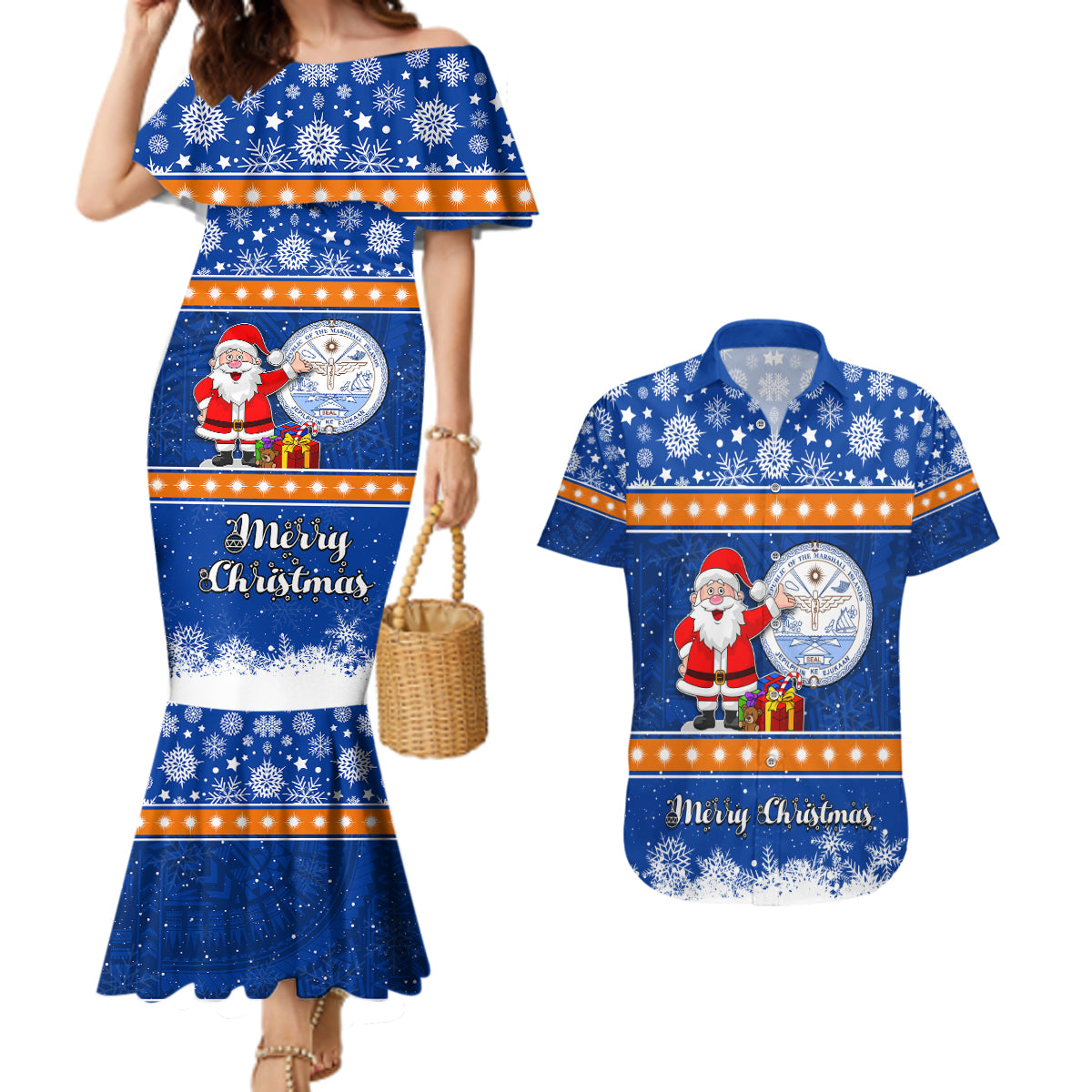 Marshall Islands Christmas Couples Matching Mermaid Dress and Hawaiian Shirt Santa Claus and Coat of Arms Mix Polynesian Xmas Style LT03 Blue - Polynesian Pride