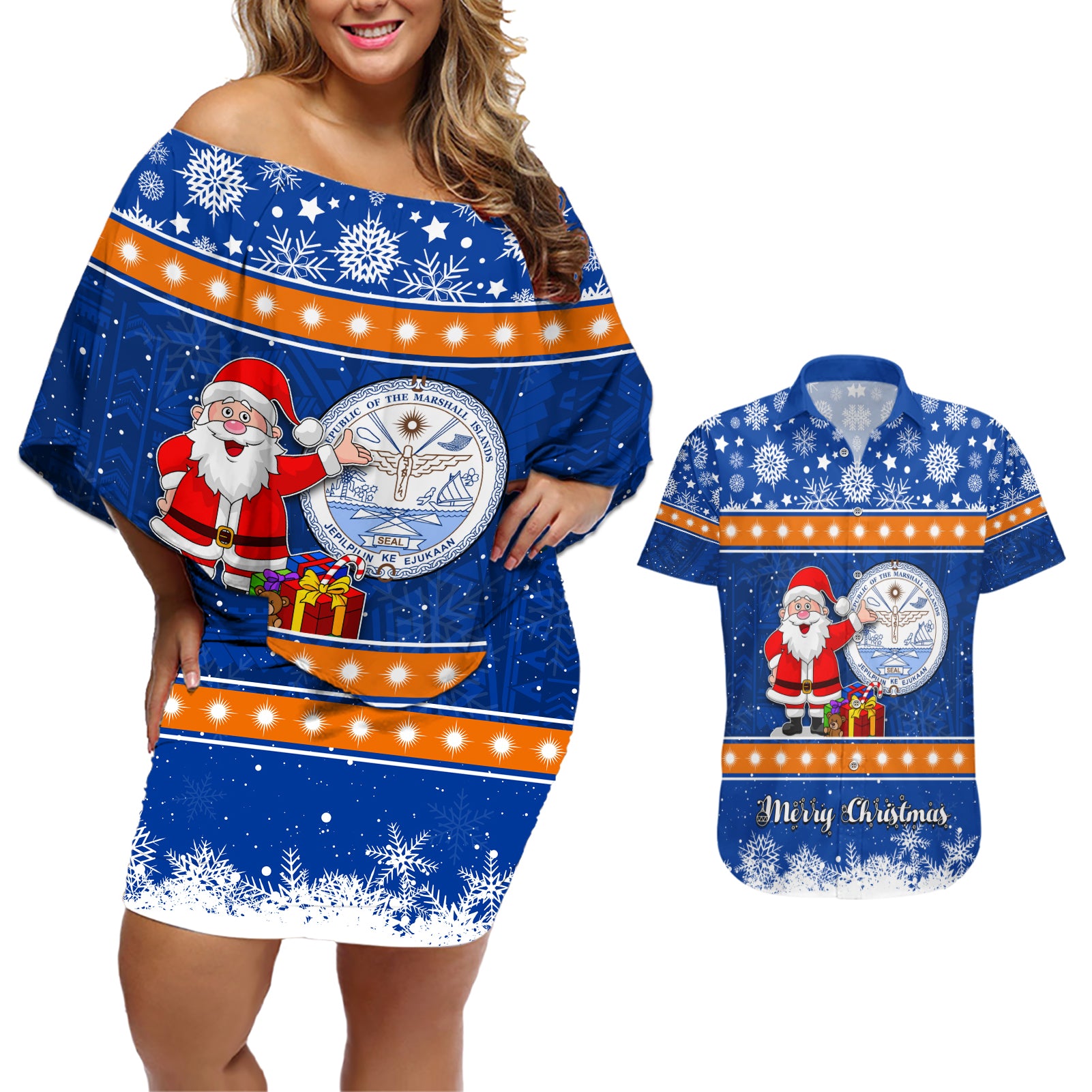 Marshall Islands Christmas Couples Matching Off Shoulder Short Dress and Hawaiian Shirt Santa Claus and Coat of Arms Mix Polynesian Xmas Style LT03 Blue - Polynesian Pride