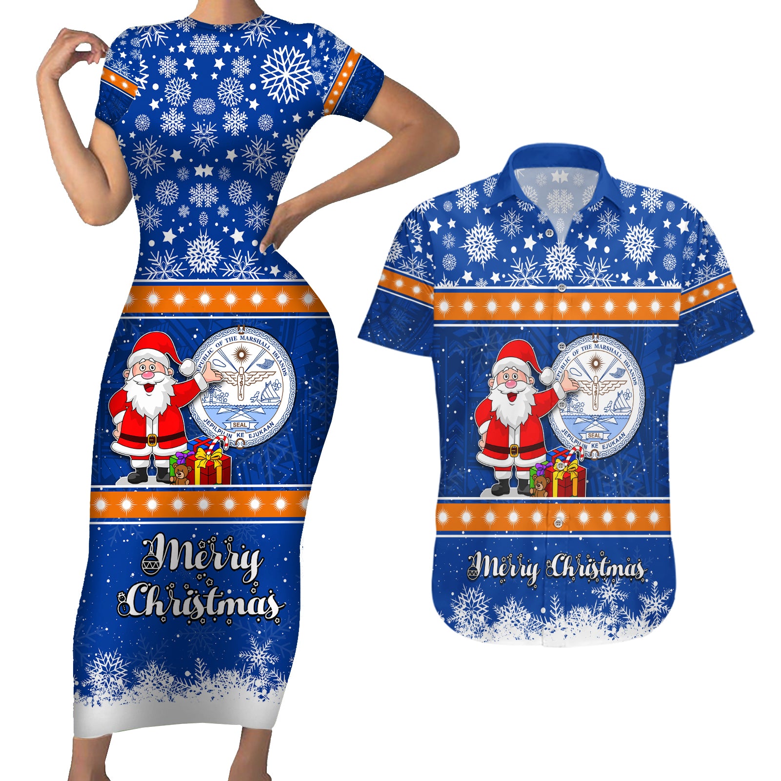 Marshall Islands Christmas Couples Matching Short Sleeve Bodycon Dress and Hawaiian Shirt Santa Claus and Coat of Arms Mix Polynesian Xmas Style LT03 Blue - Polynesian Pride