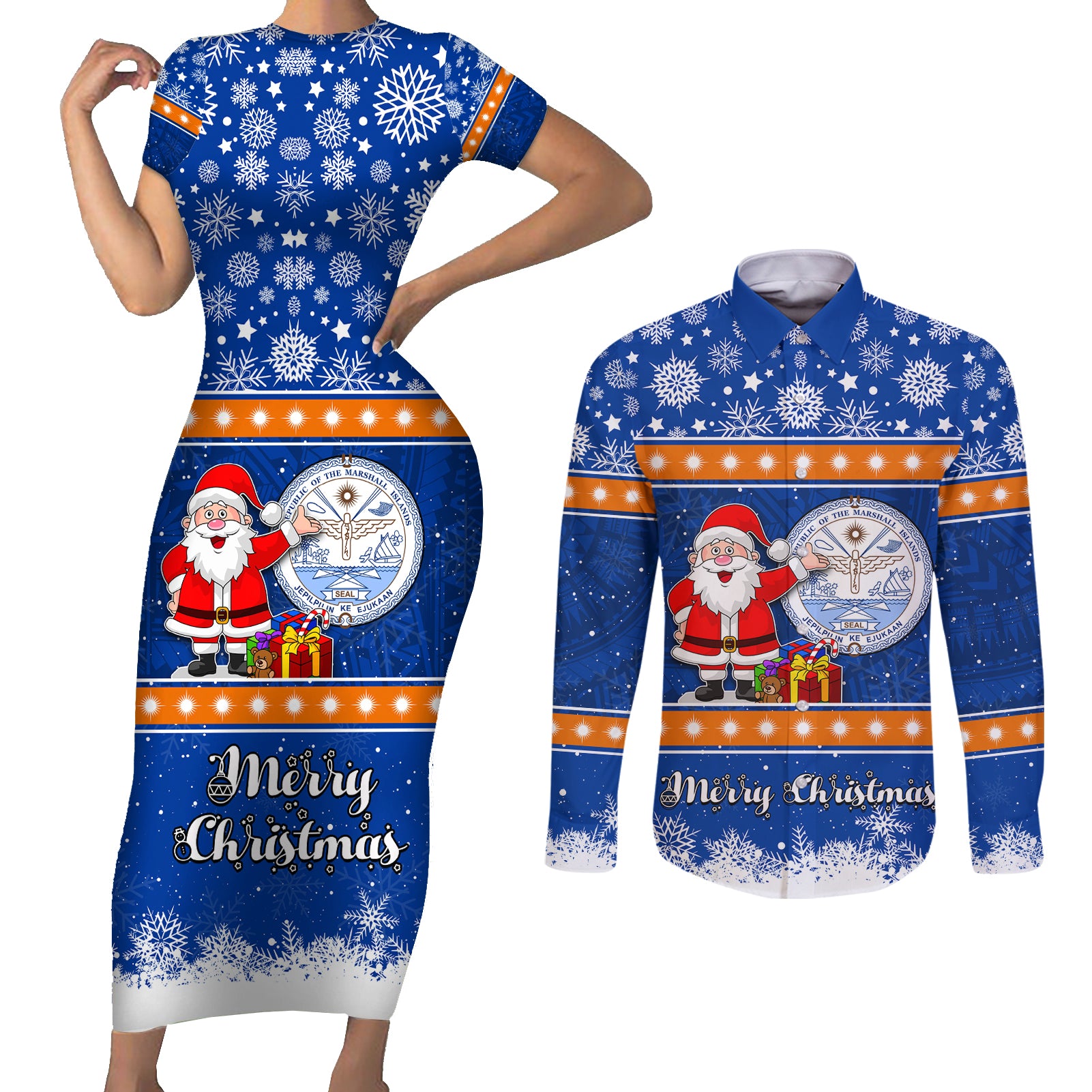 Marshall Islands Christmas Couples Matching Short Sleeve Bodycon Dress and Long Sleeve Button Shirt Santa Claus and Coat of Arms Mix Polynesian Xmas Style LT03 Blue - Polynesian Pride