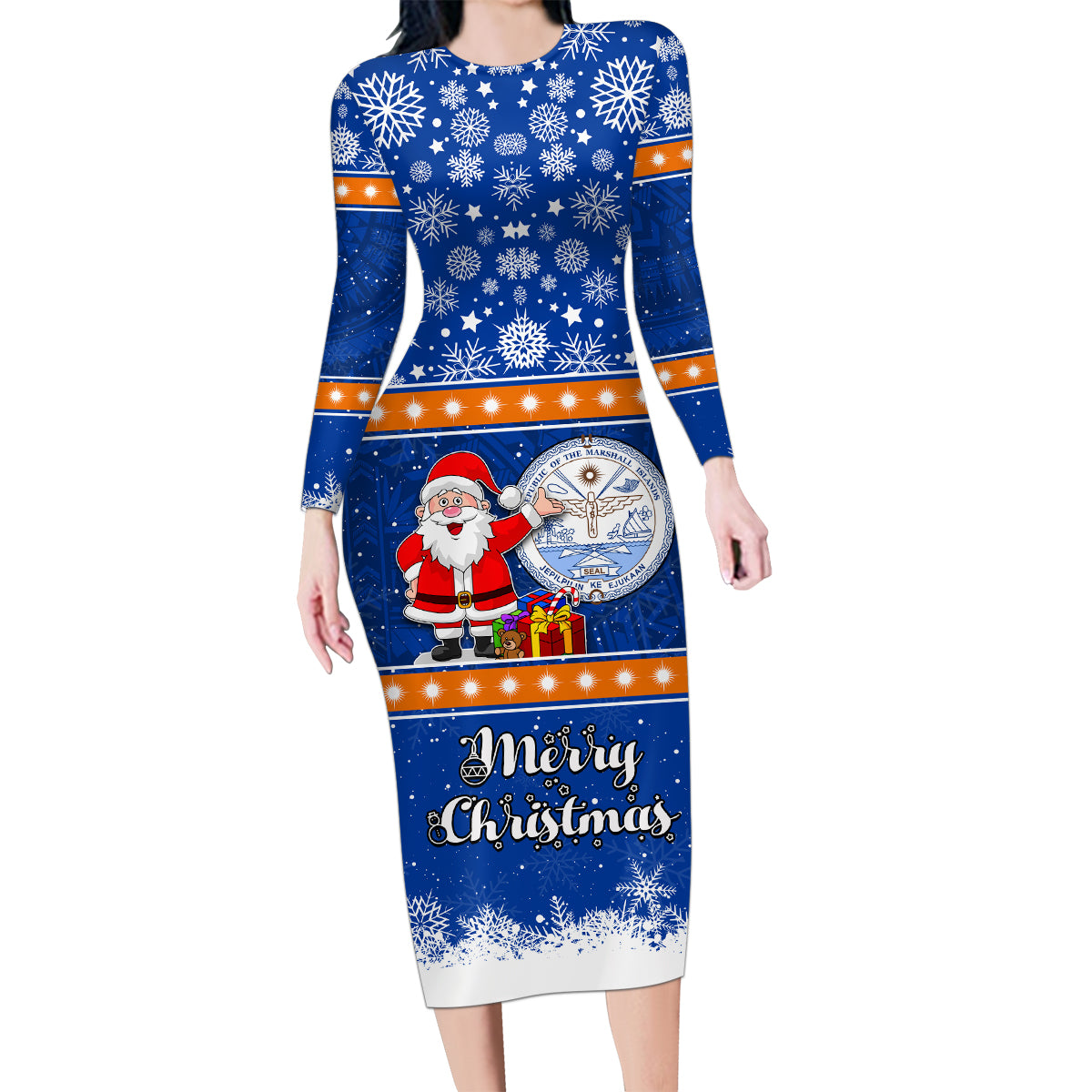 Marshall Islands Christmas Family Matching Long Sleeve Bodycon Dress and Hawaiian Shirt Santa Claus and Coat of Arms Mix Polynesian Xmas Style LT03 Mom's Dress Blue - Polynesian Pride
