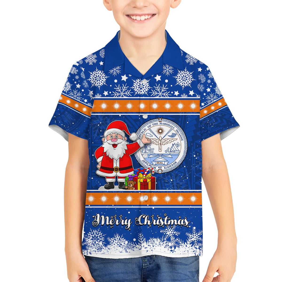 Marshall Islands Christmas Family Matching Long Sleeve Bodycon Dress and Hawaiian Shirt Santa Claus and Coat of Arms Mix Polynesian Xmas Style LT03 Son's Shirt Blue - Polynesian Pride