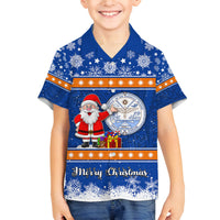 Marshall Islands Christmas Family Matching Off Shoulder Short Dress and Hawaiian Shirt Santa Claus and Coat of Arms Mix Polynesian Xmas Style LT03 Son's Shirt Blue - Polynesian Pride