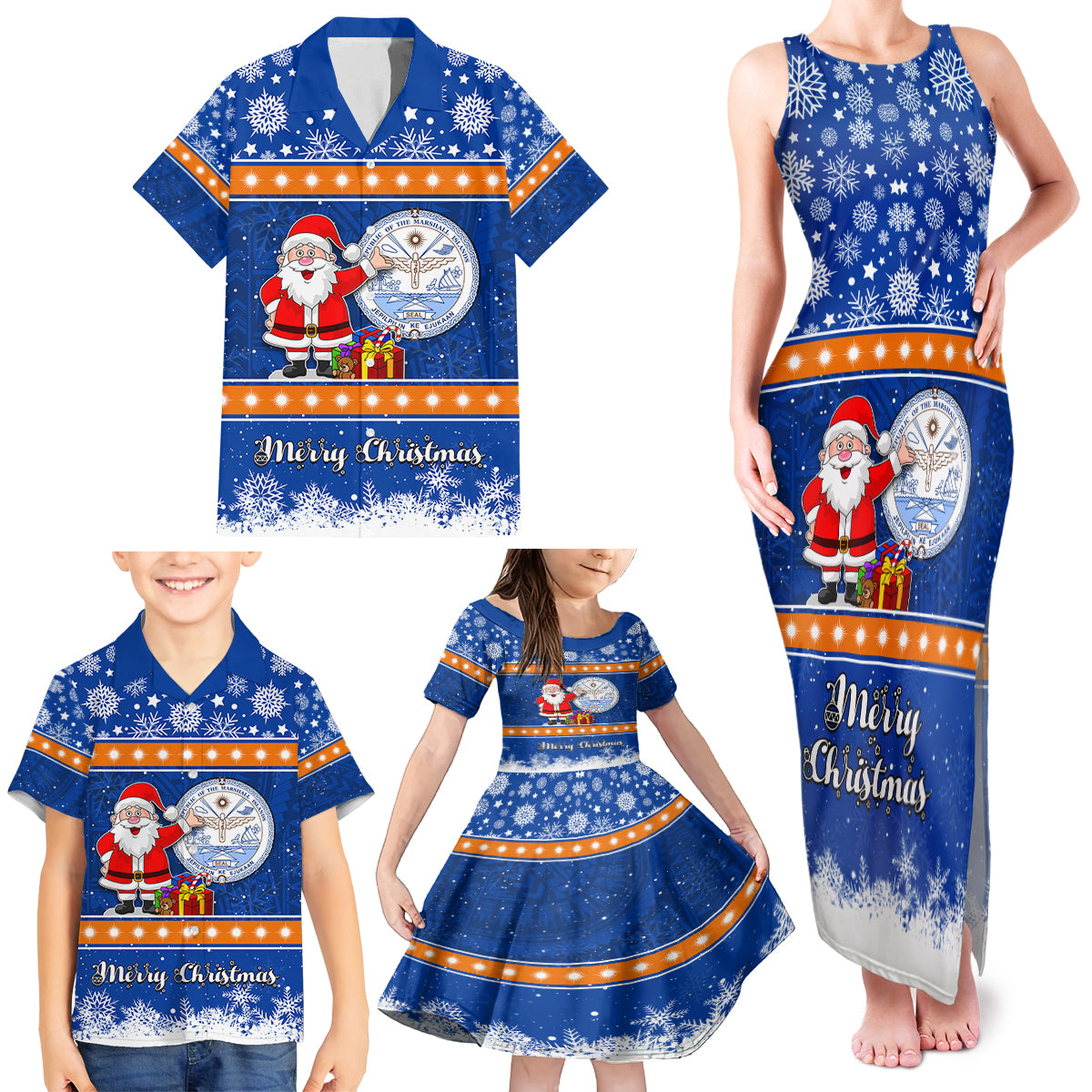 Marshall Islands Christmas Family Matching Tank Maxi Dress and Hawaiian Shirt Santa Claus and Coat of Arms Mix Polynesian Xmas Style LT03 - Polynesian Pride