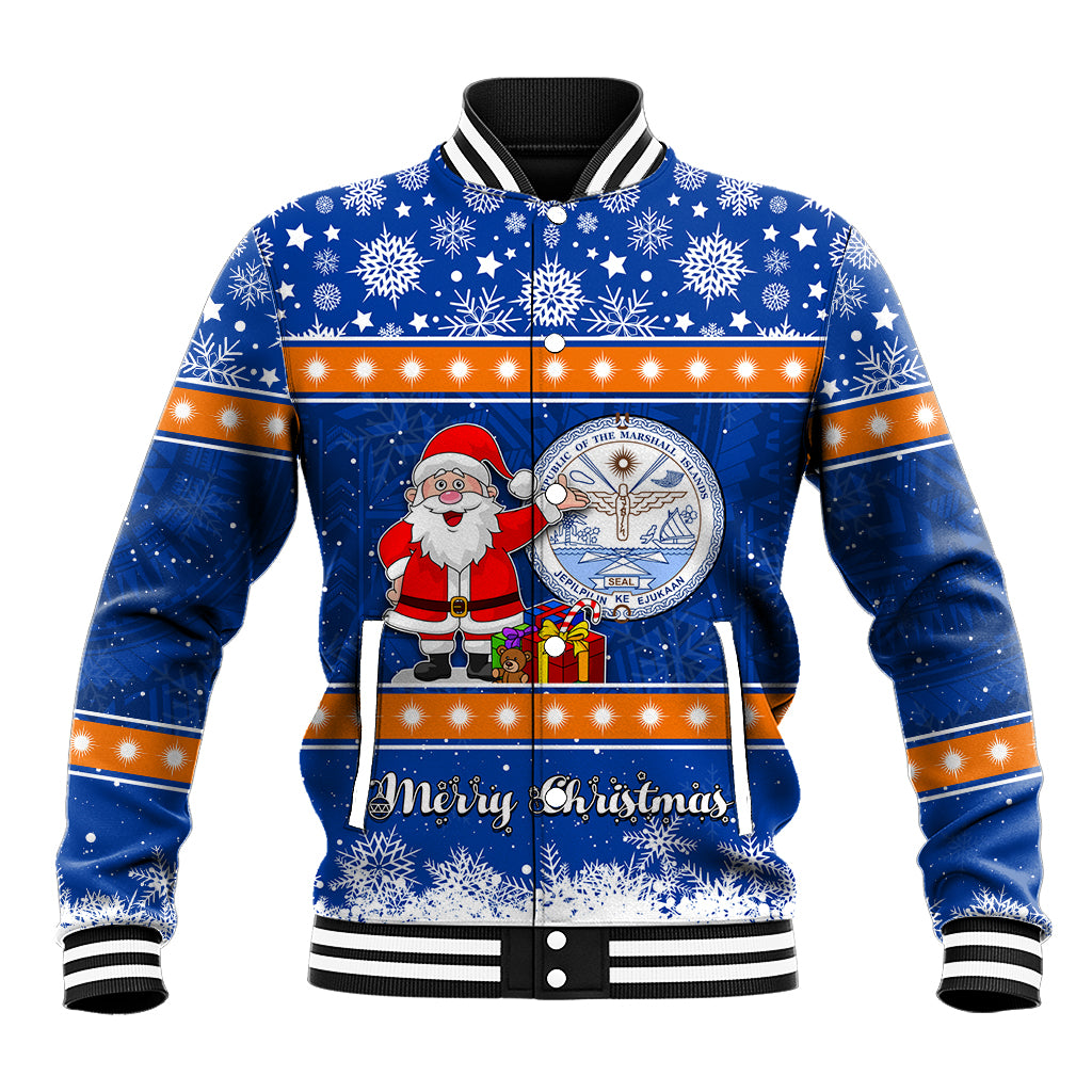 Personalised Marshall Islands Christmas Baseball Jacket Santa Claus and Coat of Arms Mix Polynesian Xmas Style LT03 Unisex Blue - Polynesian Pride