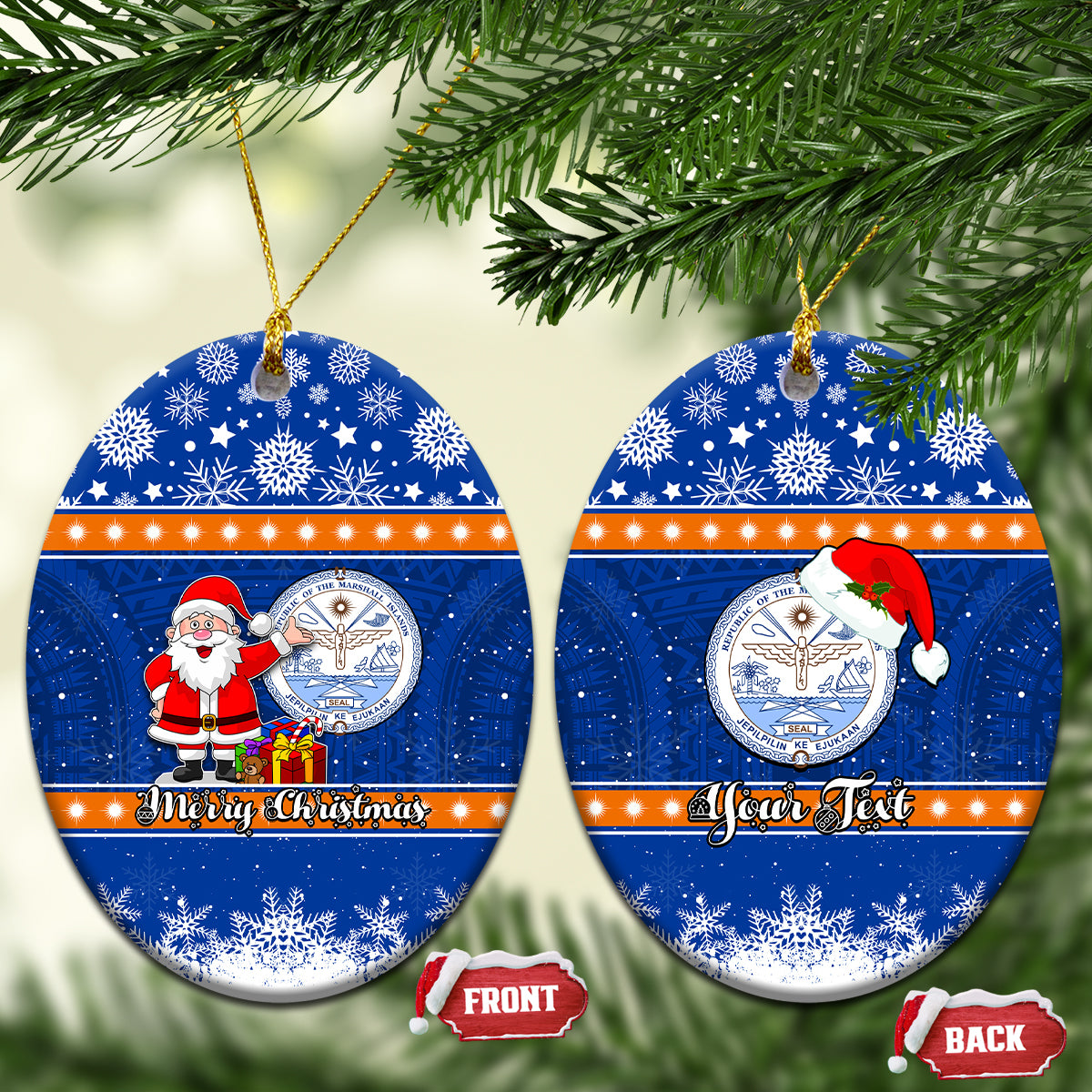 Personalised Marshall Islands Christmas Ceramic Ornament Santa Claus and Coat of Arms Mix Polynesian Xmas Style LT03 Oval Blue - Polynesian Pride