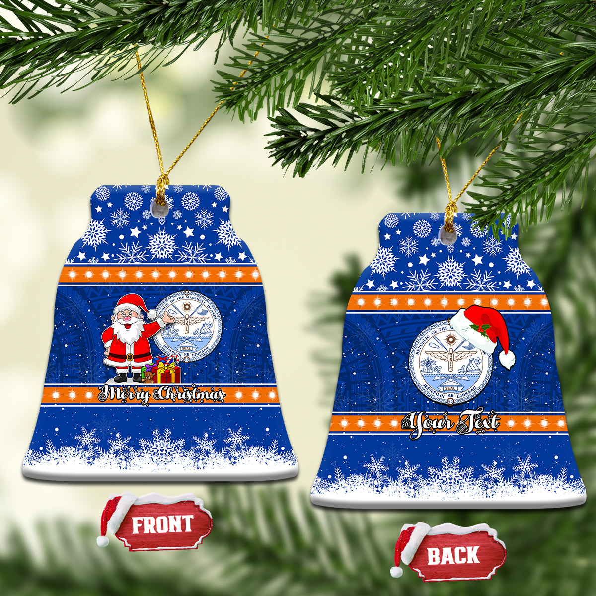 Personalised Marshall Islands Christmas Ceramic Ornament Santa Claus and Coat of Arms Mix Polynesian Xmas Style LT03 Bell Flake Blue - Polynesian Pride