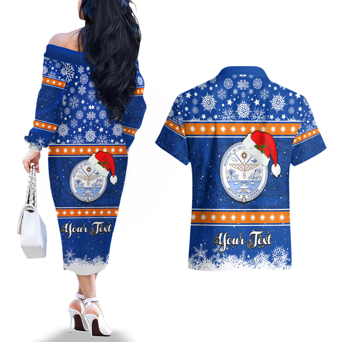 Personalised Marshall Islands Christmas Couples Matching Off The Shoulder Long Sleeve Dress and Hawaiian Shirt Santa Claus and Coat of Arms Mix Polynesian Xmas Style LT03 - Polynesian Pride