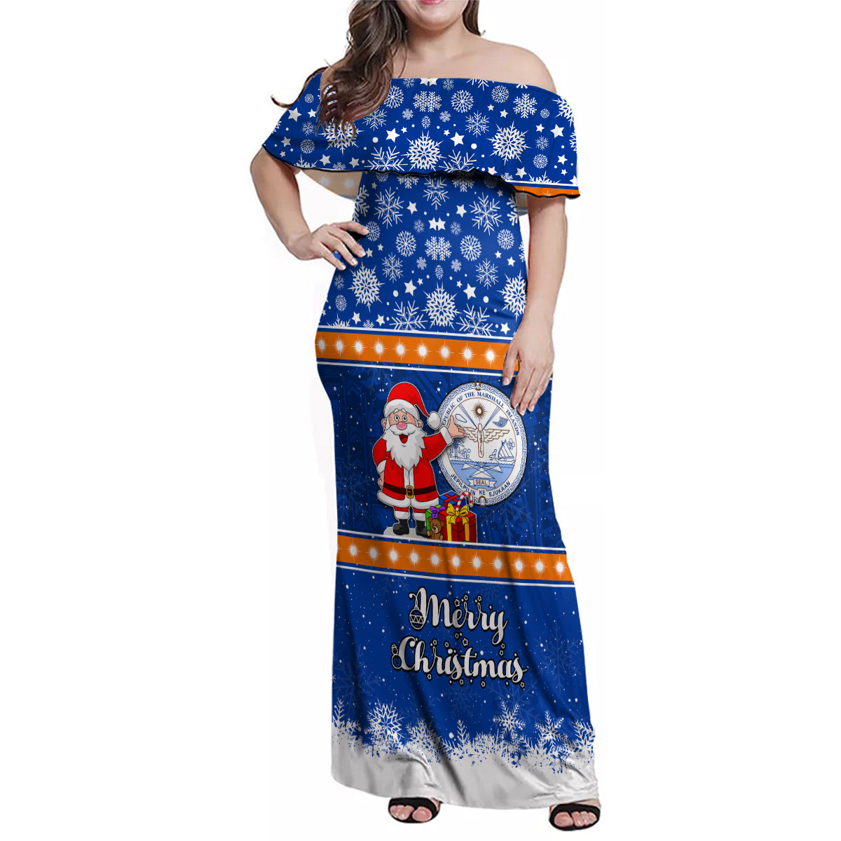 Personalised Marshall Islands Christmas Family Matching Off Shoulder Maxi Dress and Hawaiian Shirt Santa Claus and Coat of Arms Mix Polynesian Xmas Style LT03 Mom's Dress Blue - Polynesian Pride