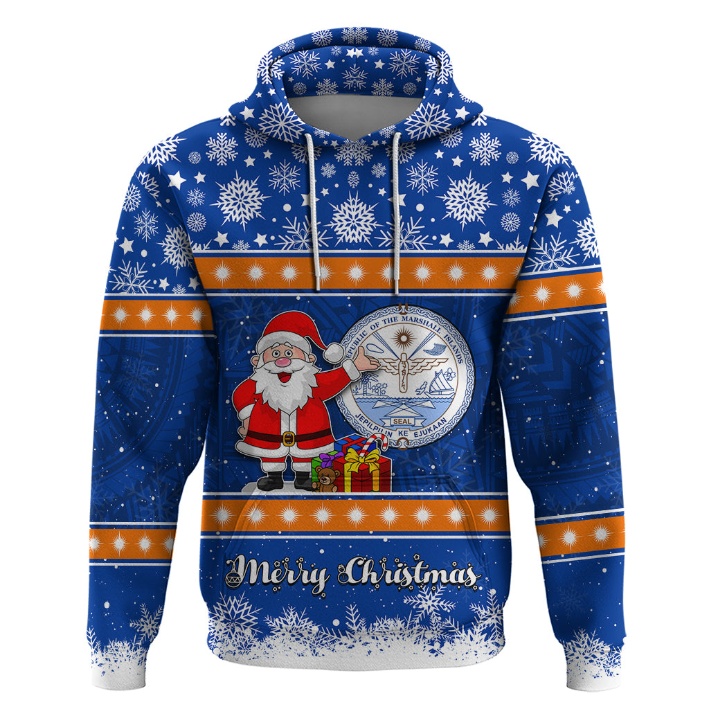 Personalised Marshall Islands Christmas Hoodie Santa Claus and Coat of Arms Mix Polynesian Xmas Style LT03 Blue - Polynesian Pride