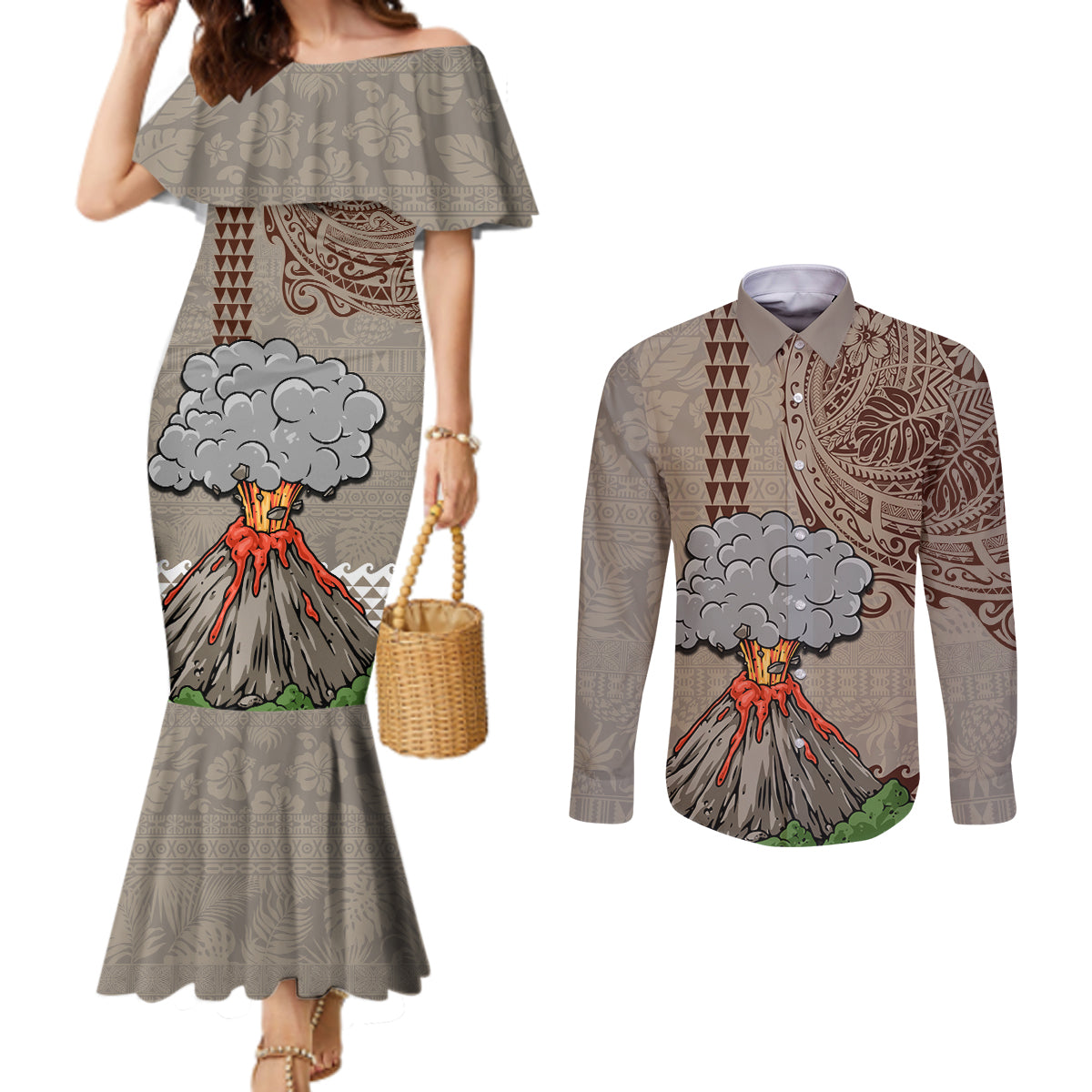 Hawaii Couples Matching Mermaid Dress and Long Sleeve Button Shirt Aloha Volcano Mix Kakau Hawaiian Tribal LT03 Beige - Polynesian Pride