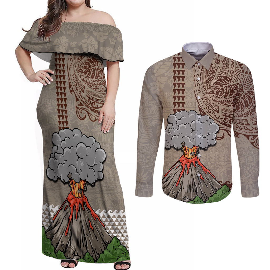 Hawaii Couples Matching Off Shoulder Maxi Dress and Long Sleeve Button Shirt Aloha Volcano Mix Kakau Hawaiian Tribal LT03 Beige - Polynesian Pride