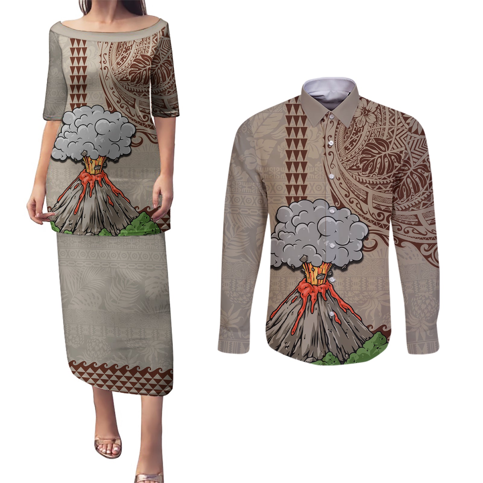 Hawaii Couples Matching Puletasi Dress and Long Sleeve Button Shirt Aloha Volcano Mix Kakau Hawaiian Tribal LT03 Beige - Polynesian Pride
