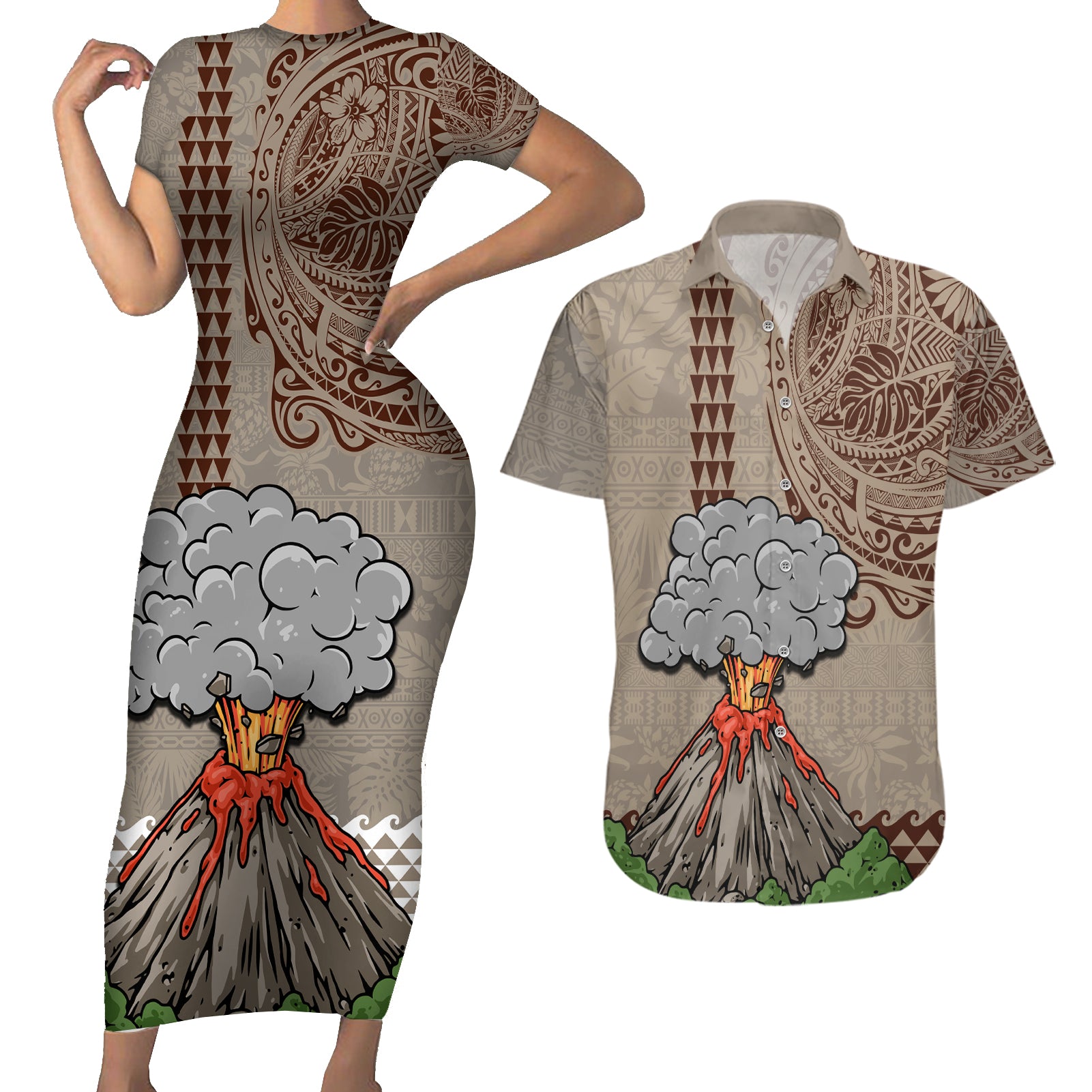 Hawaii Couples Matching Short Sleeve Bodycon Dress and Hawaiian Shirt Aloha Volcano Mix Kakau Hawaiian Tribal LT03 Beige - Polynesian Pride