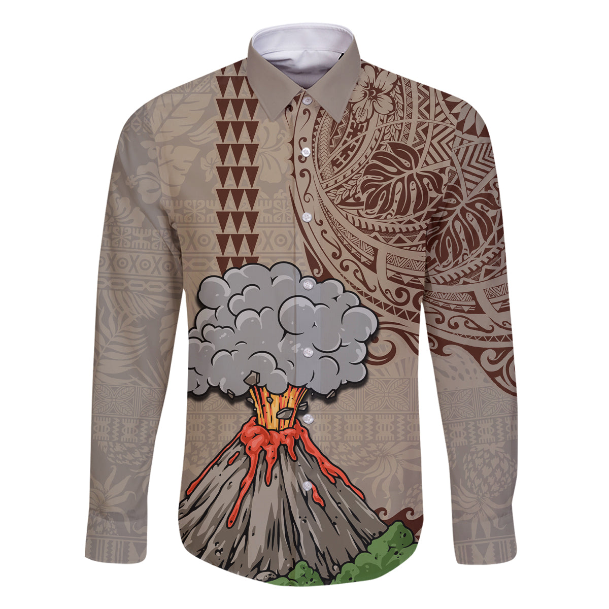 Hawaii Family Matching Mermaid Dress and Hawaiian Shirt Aloha Volcano Mix Kakau Hawaiian Tribal LT03 Dad's Shirt - Long Sleeve Beige - Polynesian Pride