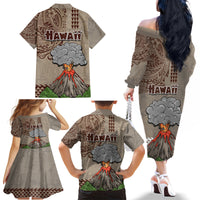 Hawaii Family Matching Off Shoulder Long Sleeve Dress and Hawaiian Shirt Aloha Volcano Mix Kakau Hawaiian Tribal LT03 - Polynesian Pride