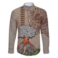 Hawaii Family Matching Off Shoulder Long Sleeve Dress and Hawaiian Shirt Aloha Volcano Mix Kakau Hawaiian Tribal LT03 Dad's Shirt - Long Sleeve Beige - Polynesian Pride