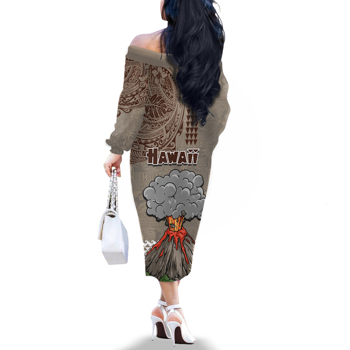 Hawaii Family Matching Off Shoulder Long Sleeve Dress and Hawaiian Shirt Aloha Volcano Mix Kakau Hawaiian Tribal LT03 - Polynesian Pride