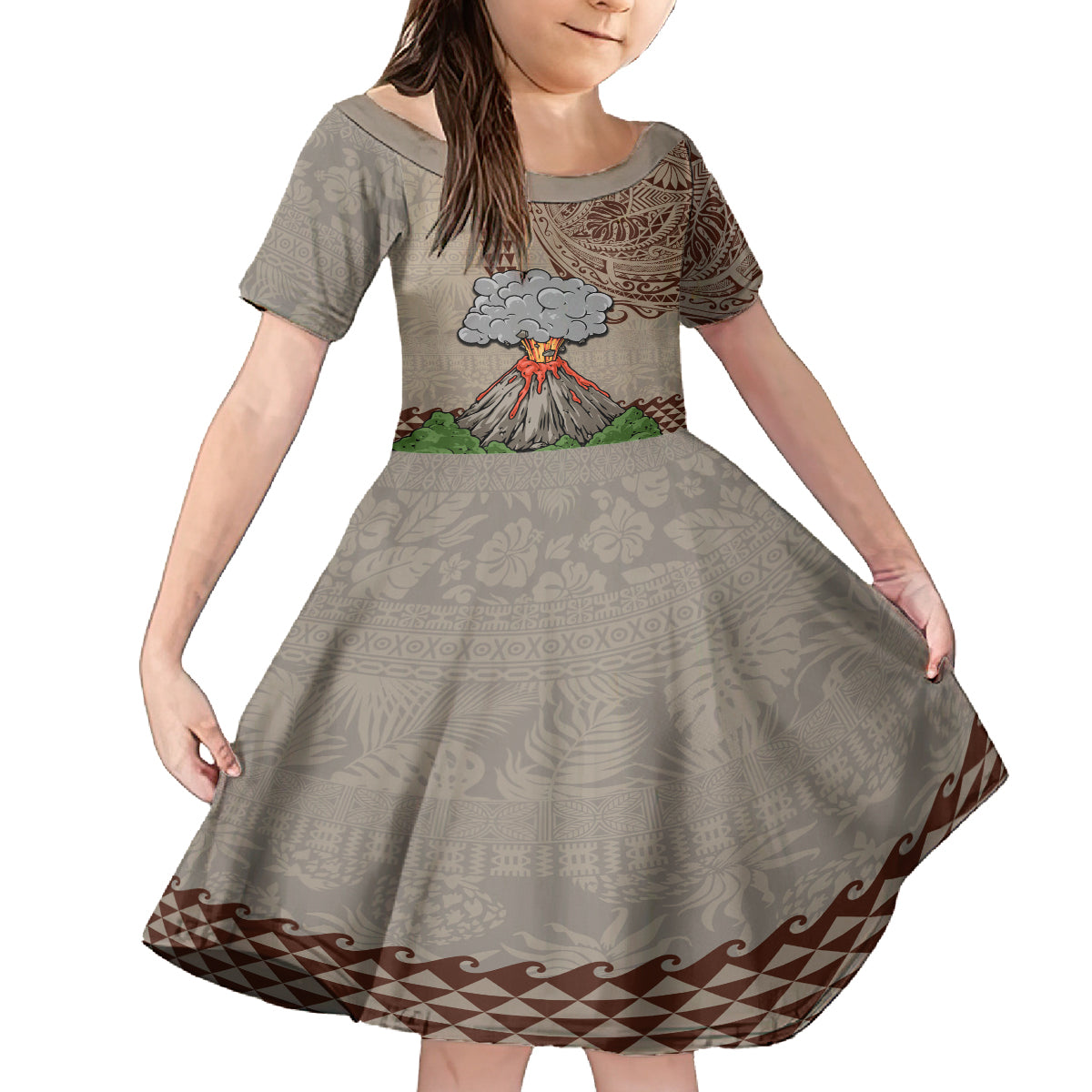 Hawaii Kid Short Sleeve Dress Aloha Volcano Mix Kakau Hawaiian Tribal LT03 KID Beige - Polynesian Pride