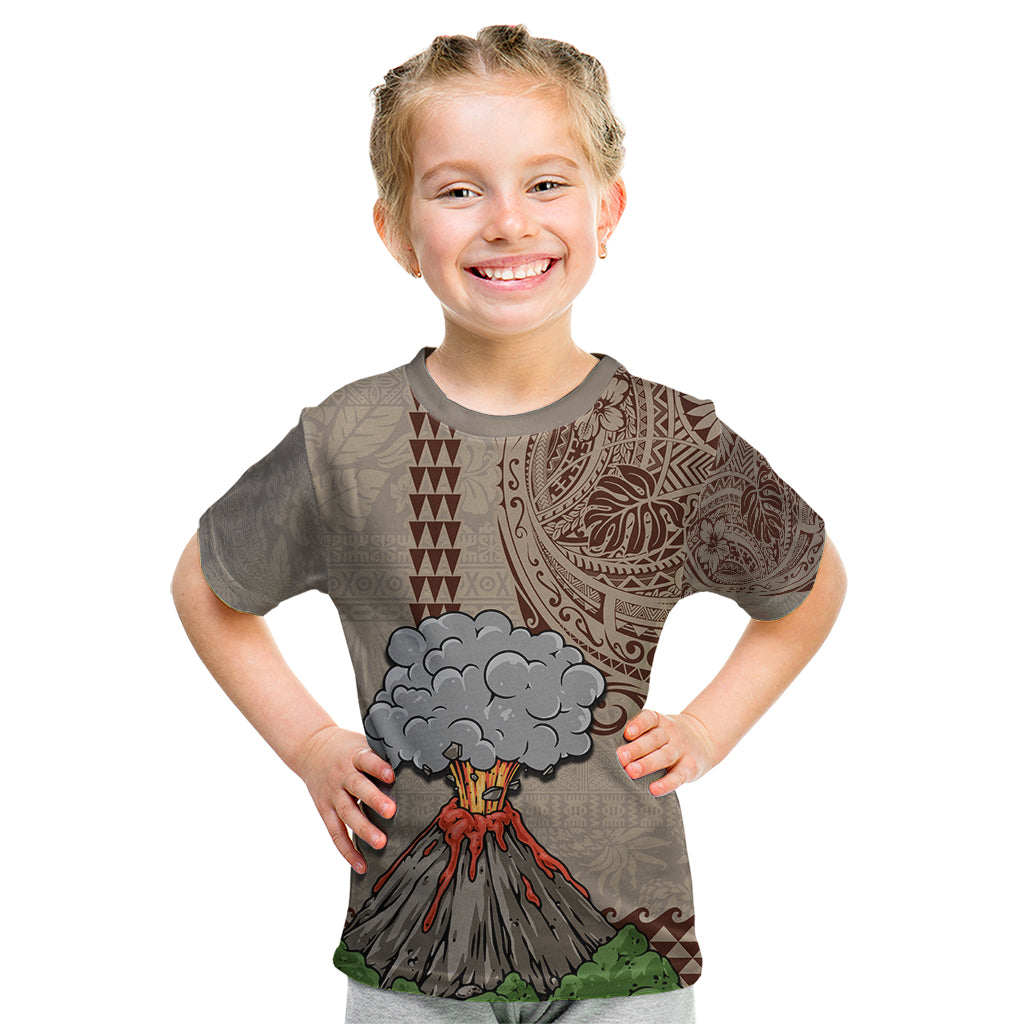 Hawaii Kid T Shirt Aloha Volcano Mix Kakau Hawaiian Tribal LT03 Beige - Polynesian Pride