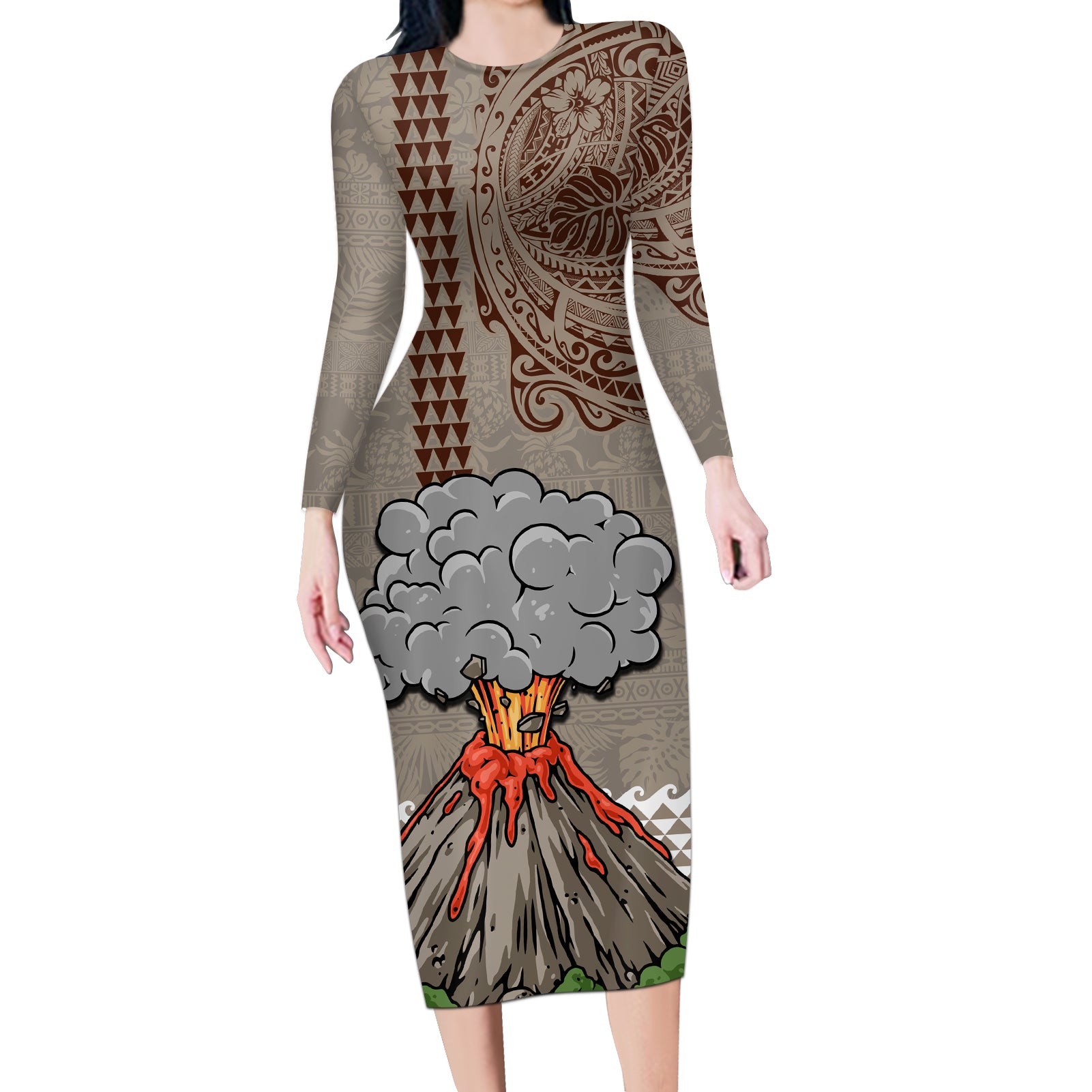 Hawaii Long Sleeve Bodycon Dress Aloha Volcano Mix Kakau Hawaiian Tribal LT03 Long Dress Beige - Polynesian Pride