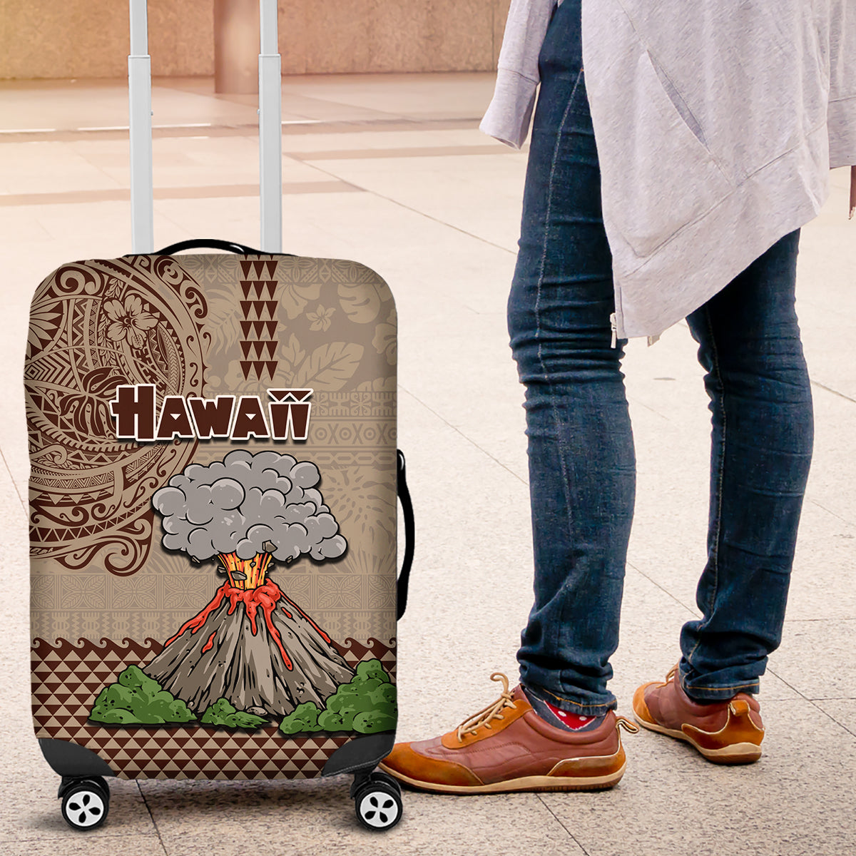 Hawaii Luggage Cover Aloha Volcano Mix Kakau Hawaiian Tribal LT03 Beige - Polynesian Pride