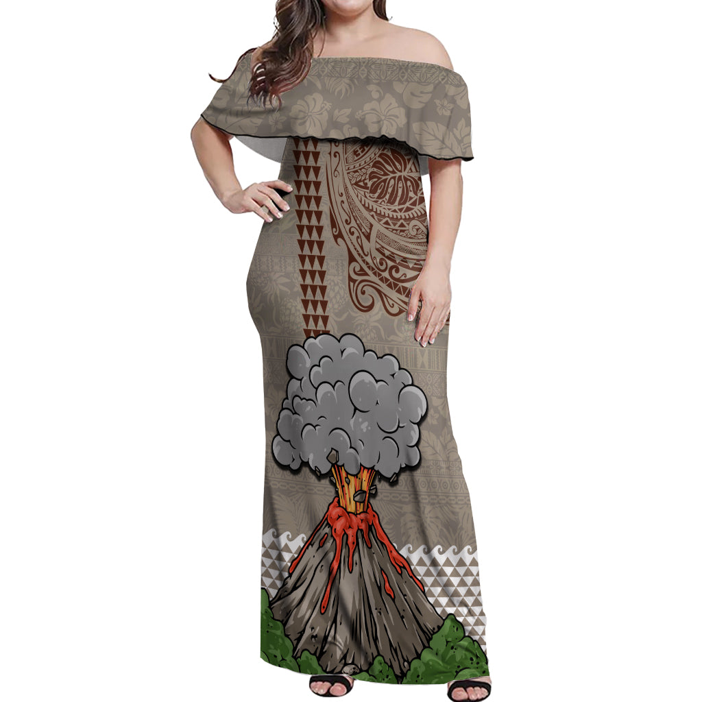 Hawaii Off Shoulder Maxi Dress Aloha Volcano Mix Kakau Hawaiian Tribal LT03 Women Beige - Polynesian Pride