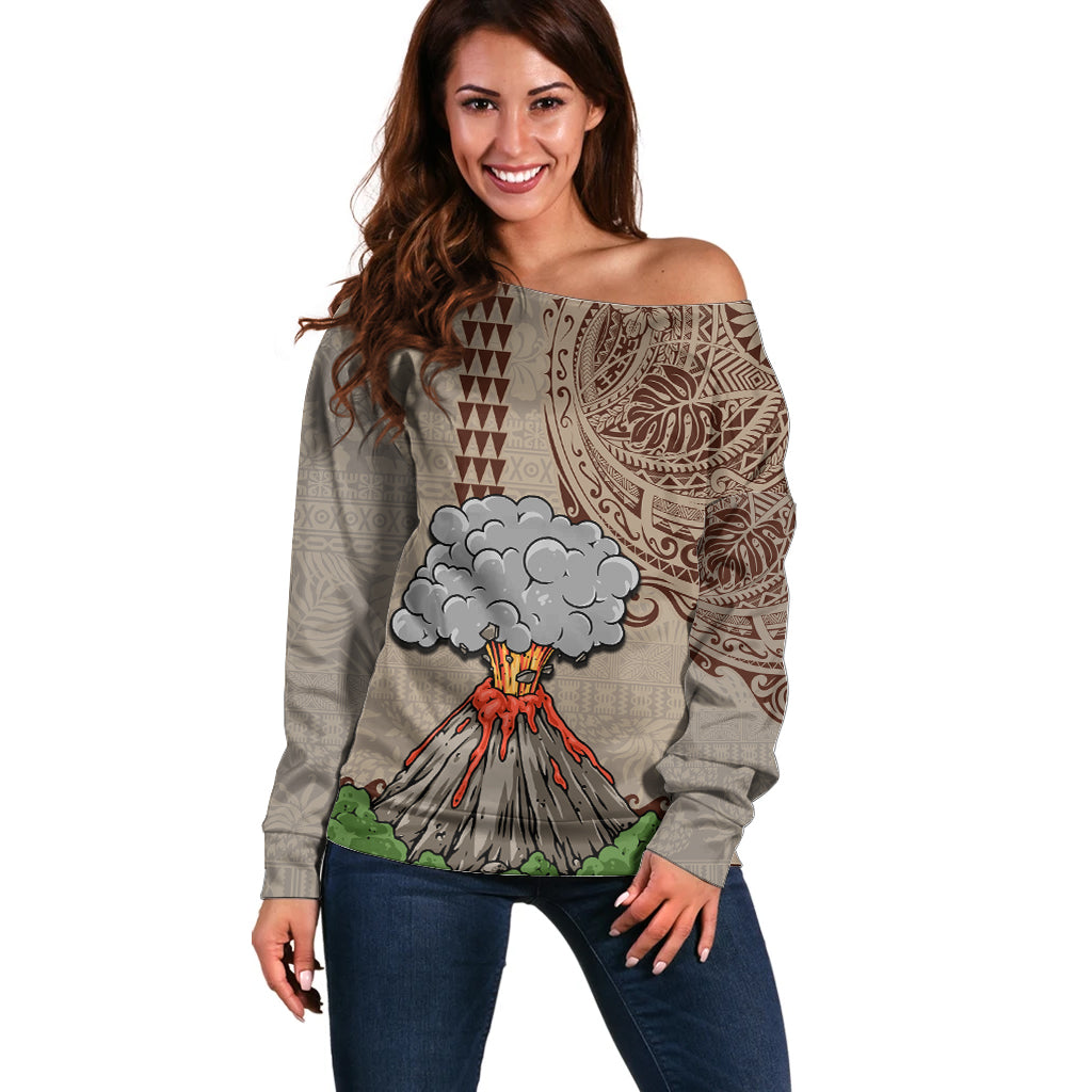 Hawaii Off Shoulder Sweater Aloha Volcano Mix Kakau Hawaiian Tribal LT03 Women Beige - Polynesian Pride