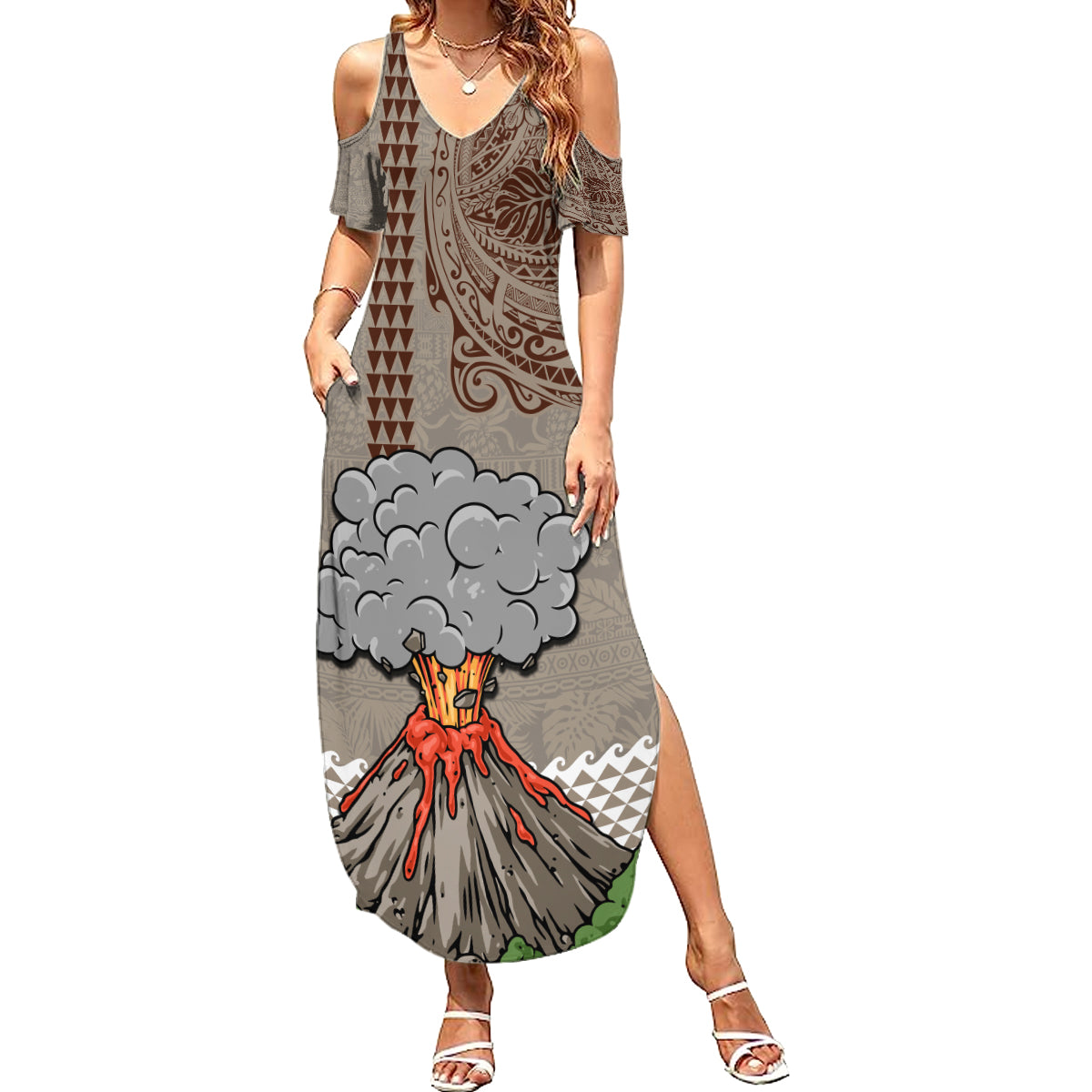 Hawaii Summer Maxi Dress Aloha Volcano Mix Kakau Hawaiian Tribal LT03 Women Beige - Polynesian Pride