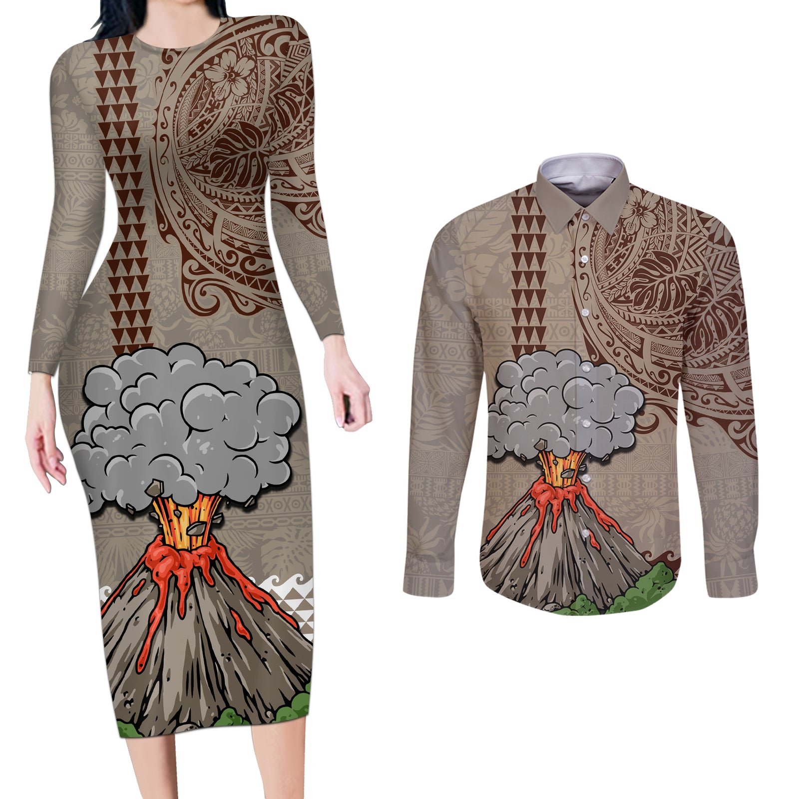 Aloha Volcano Custom Couples Matching Long Sleeve Bodycon Dress and Long Sleeve Button Shirt Mix Hawaiian Kakau Tribal LT03 Beige - Polynesian Pride