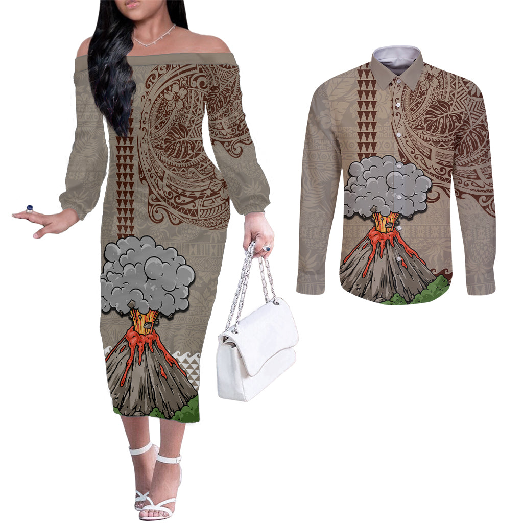 Aloha Volcano Custom Couples Matching Off The Shoulder Long Sleeve Dress and Long Sleeve Button Shirt Mix Hawaiian Kakau Tribal LT03 Beige - Polynesian Pride