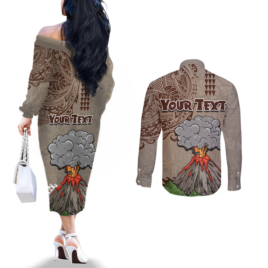 Aloha Volcano Custom Couples Matching Off The Shoulder Long Sleeve Dress and Long Sleeve Button Shirt Mix Hawaiian Kakau Tribal LT03 - Polynesian Pride