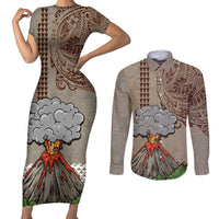 Aloha Volcano Custom Couples Matching Short Sleeve Bodycon Dress and Long Sleeve Button Shirt Mix Hawaiian Kakau Tribal LT03 Beige - Polynesian Pride