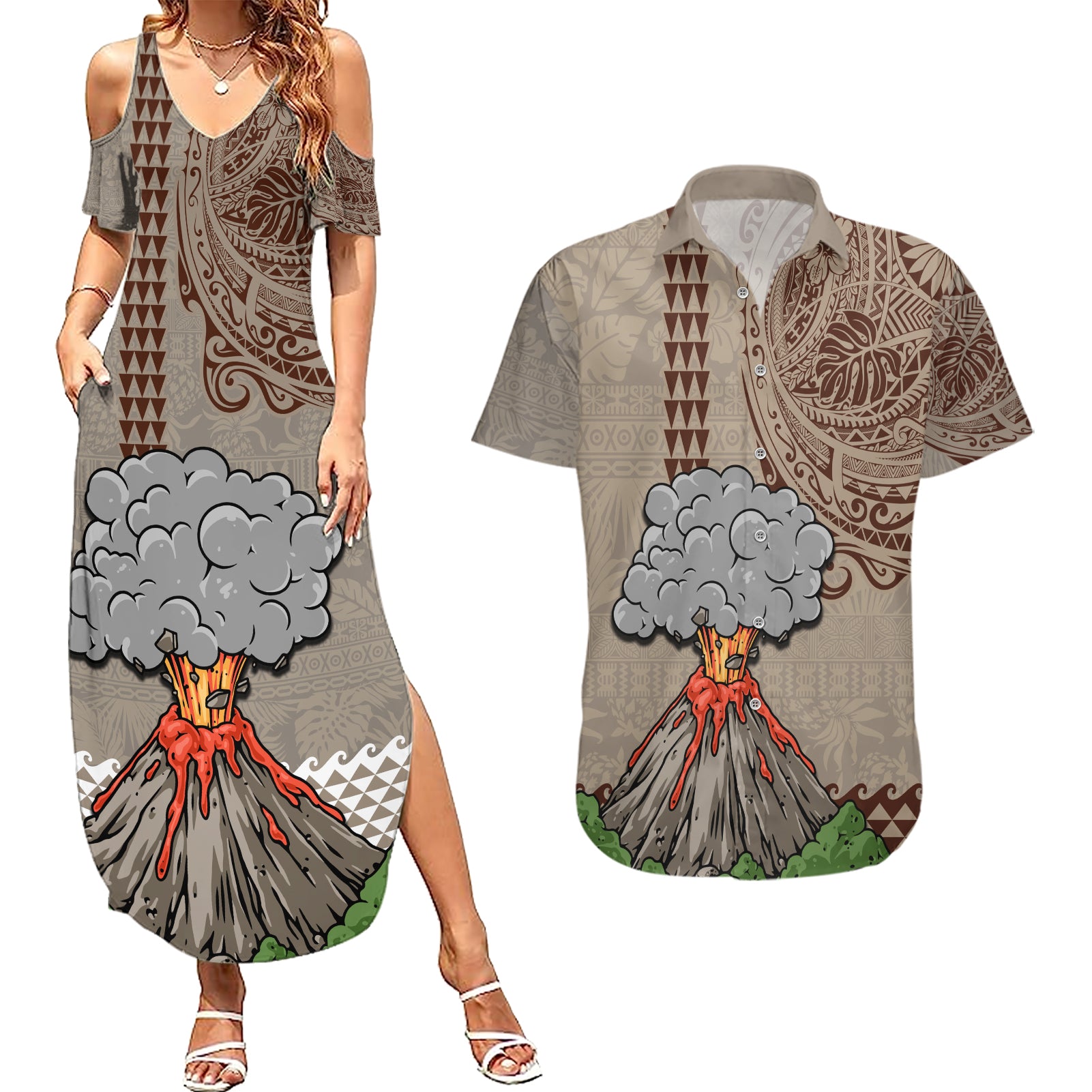 Aloha Volcano Custom Couples Matching Summer Maxi Dress and Hawaiian Shirt Mix Hawaiian Kakau Tribal LT03 Beige - Polynesian Pride