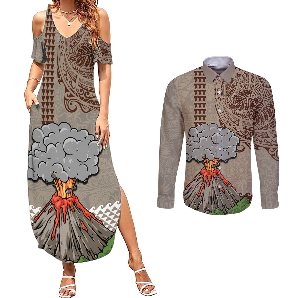 Aloha Volcano Custom Couples Matching Summer Maxi Dress and Long Sleeve Button Shirt Mix Hawaiian Kakau Tribal LT03 Beige - Polynesian Pride
