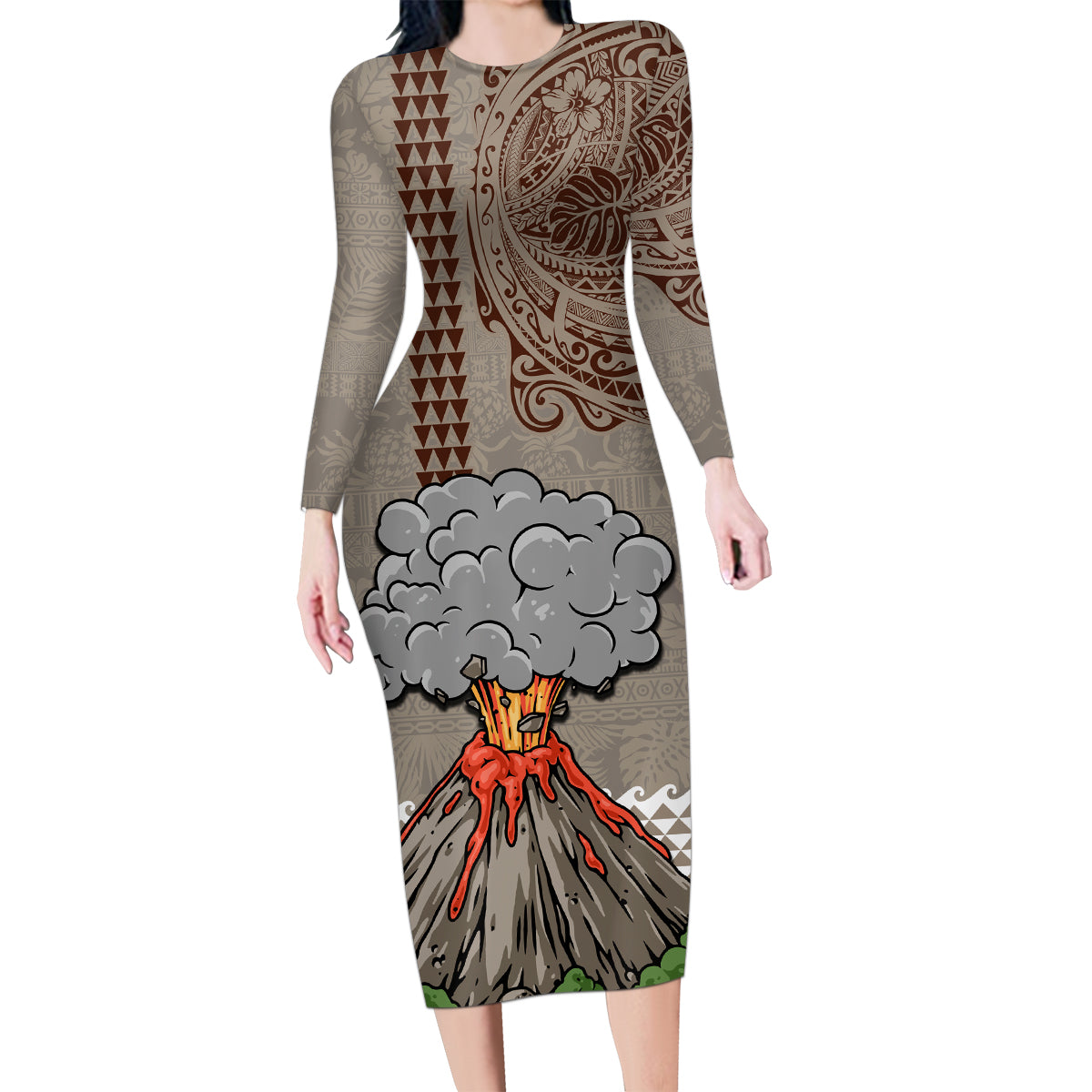 Aloha Volcano Custom Family Matching Long Sleeve Bodycon Dress and Hawaiian Shirt Mix Hawaiian Kakau Tribal LT03 Mom's Dress Beige - Polynesian Pride