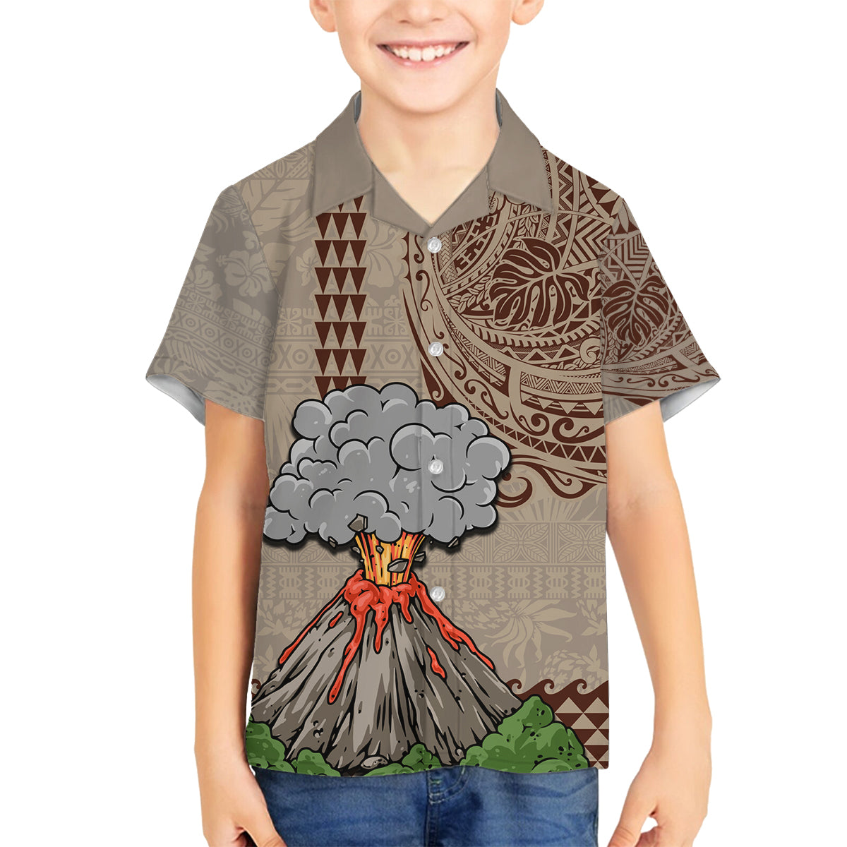 Aloha Volcano Custom Family Matching Long Sleeve Bodycon Dress and Hawaiian Shirt Mix Hawaiian Kakau Tribal LT03 Son's Shirt Beige - Polynesian Pride