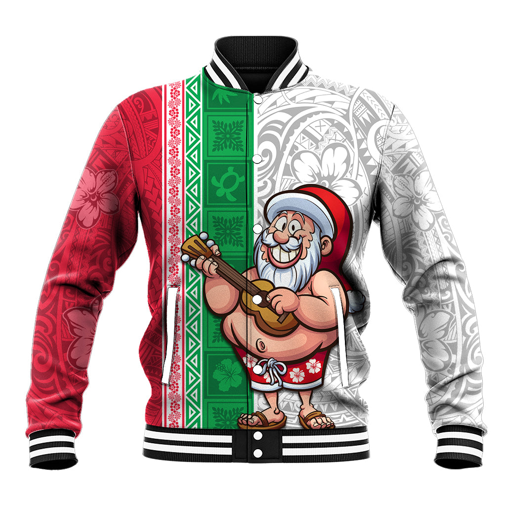 Hawaii Mele Kalikimaka Baseball Jacket Santa Playing Ukele Mix Kakau Pattern Xmas Style LT03 Unisex Red - Polynesian Pride