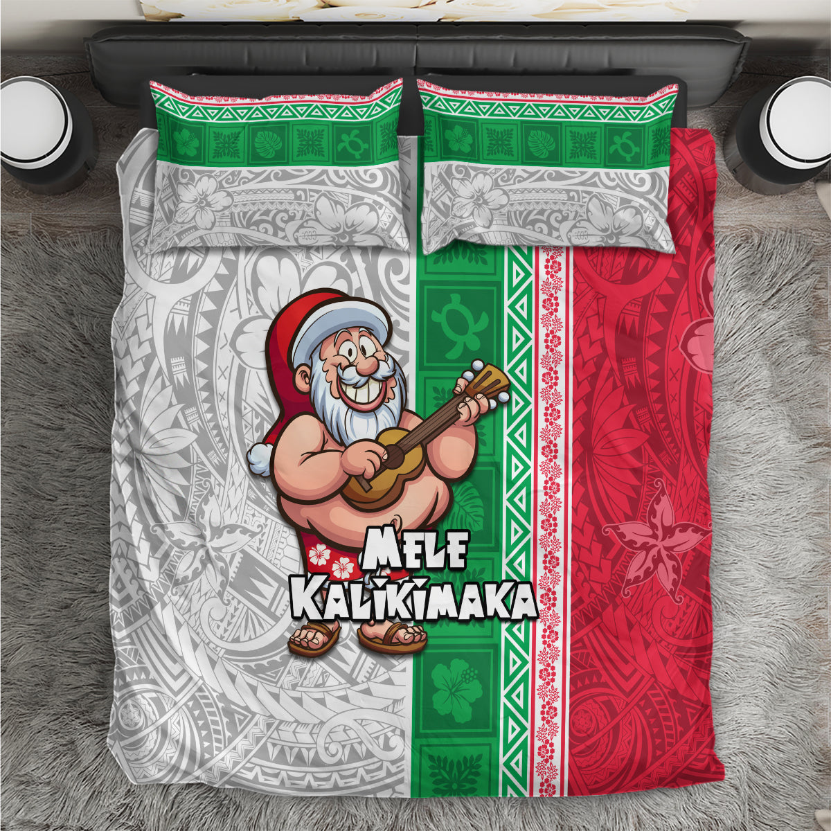 Hawaii Mele Kalikimaka Bedding Set Santa Playing Ukele Mix Kakau Pattern Xmas Style LT03 Red - Polynesian Pride