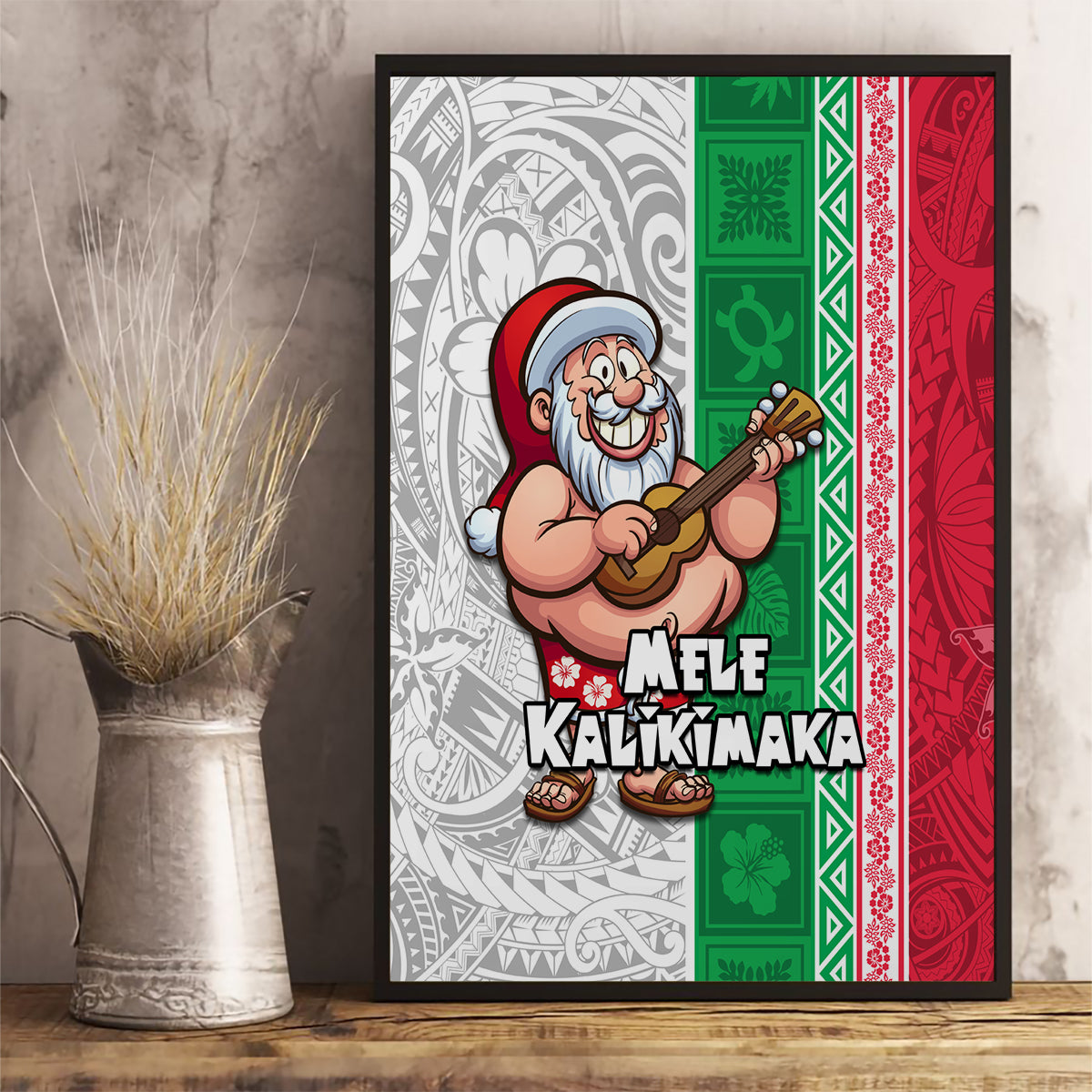 Hawaii Mele Kalikimaka Canvas Wall Art Santa Playing Ukele Mix Kakau Pattern Xmas Style LT03 - Polynesian Pride
