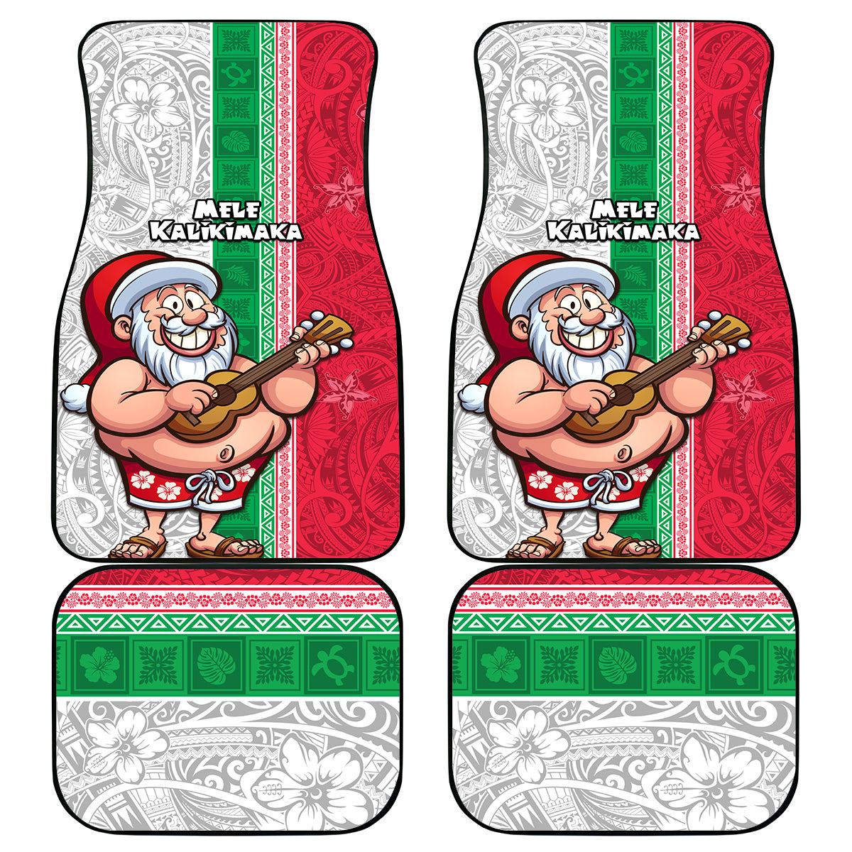 Hawaii Mele Kalikimaka Car Mats Santa Playing Ukele Mix Kakau Pattern Xmas Style LT03 Red - Polynesian Pride