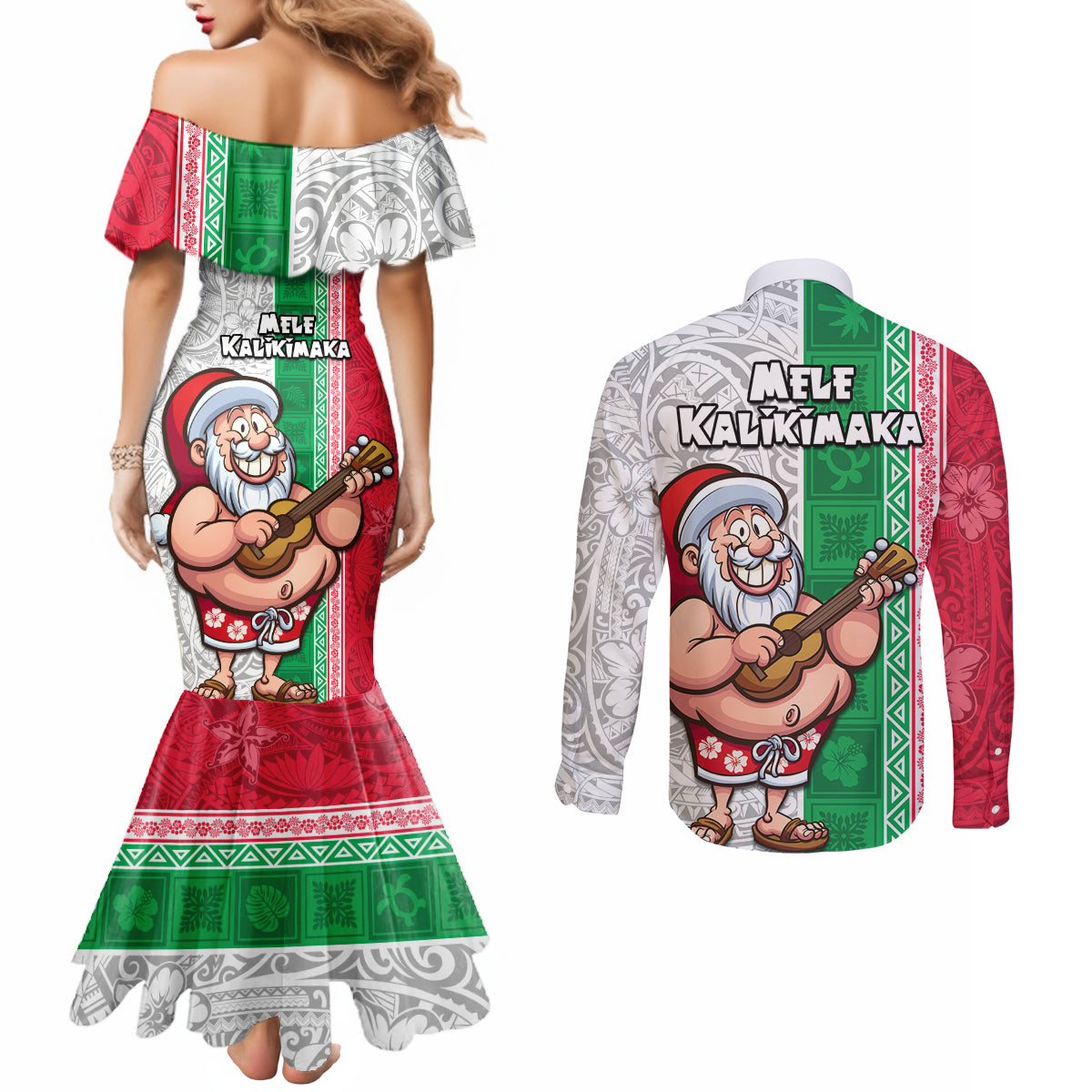 Hawaii Mele Kalikimaka Couples Matching Mermaid Dress and Long Sleeve Button Shirt Santa Playing Ukele Mix Kakau Pattern Xmas Style LT03 - Polynesian Pride