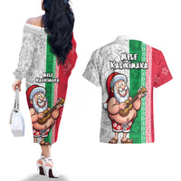 Hawaii Mele Kalikimaka Couples Matching Off The Shoulder Long Sleeve Dress and Hawaiian Shirt Santa Playing Ukele Mix Kakau Pattern Xmas Style LT03 - Polynesian Pride