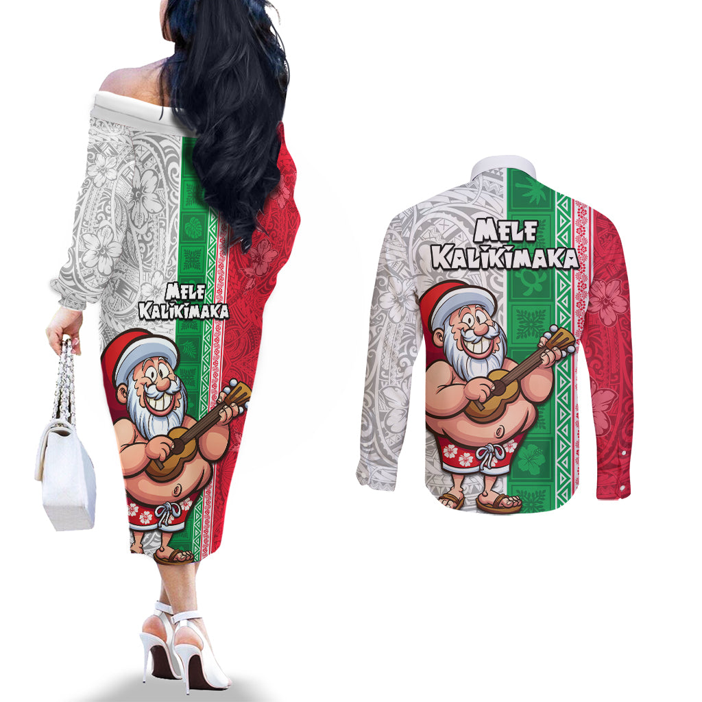 Hawaii Mele Kalikimaka Couples Matching Off The Shoulder Long Sleeve Dress and Long Sleeve Button Shirt Santa Playing Ukele Mix Kakau Pattern Xmas Style LT03 - Polynesian Pride