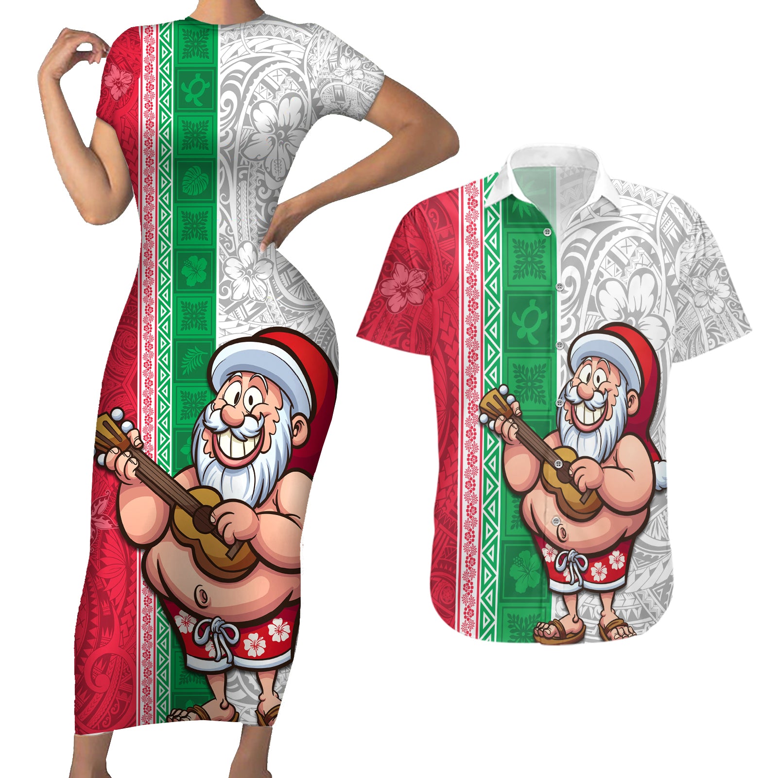 Hawaii Mele Kalikimaka Couples Matching Short Sleeve Bodycon Dress and Hawaiian Shirt Santa Playing Ukele Mix Kakau Pattern Xmas Style LT03 Red - Polynesian Pride