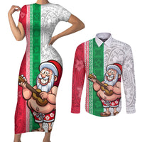 Hawaii Mele Kalikimaka Couples Matching Short Sleeve Bodycon Dress and Long Sleeve Button Shirt Santa Playing Ukele Mix Kakau Pattern Xmas Style LT03 Red - Polynesian Pride