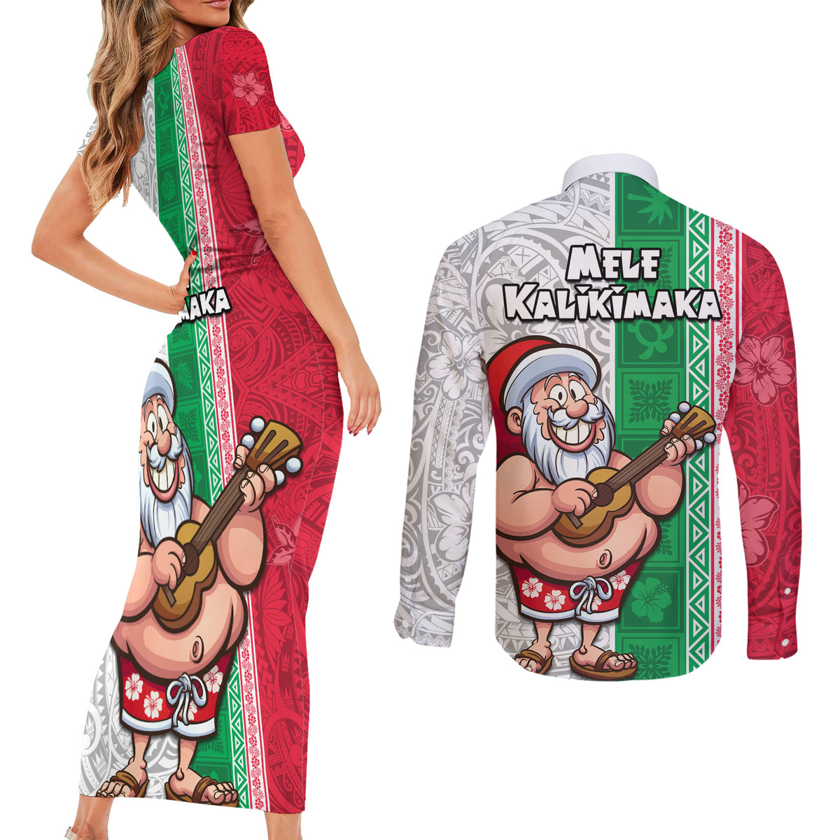 Hawaii Mele Kalikimaka Couples Matching Short Sleeve Bodycon Dress and Long Sleeve Button Shirt Santa Playing Ukele Mix Kakau Pattern Xmas Style LT03 - Polynesian Pride