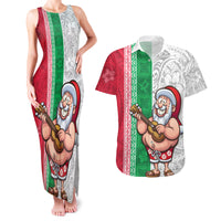 Hawaii Mele Kalikimaka Couples Matching Tank Maxi Dress and Hawaiian Shirt Santa Playing Ukele Mix Kakau Pattern Xmas Style LT03 Red - Polynesian Pride